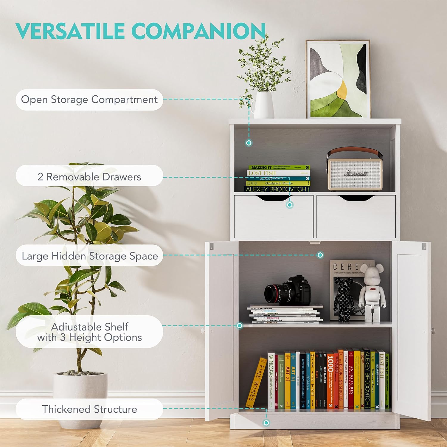 Vongrasig Bathroom Storage Cabinet, 42.5" H Freestanding Floor Cabinet | Wooden Modern Cabinet with 2 Drawers, Open Shelf and Adjustable Shelf for Bathroom, Laundry Room and Entryway, White