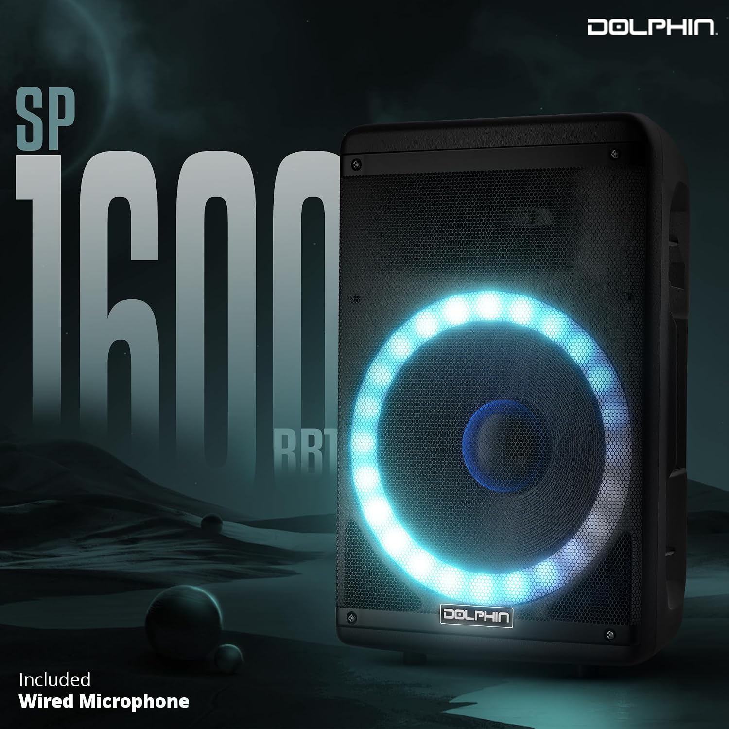 Dolphin Bluetooth Party Speaker with Wired Microphone, 15" Woofer | 3600W Output, WaveSync Pairing, LED Lights, USB, SD, TF & AUX Inputs