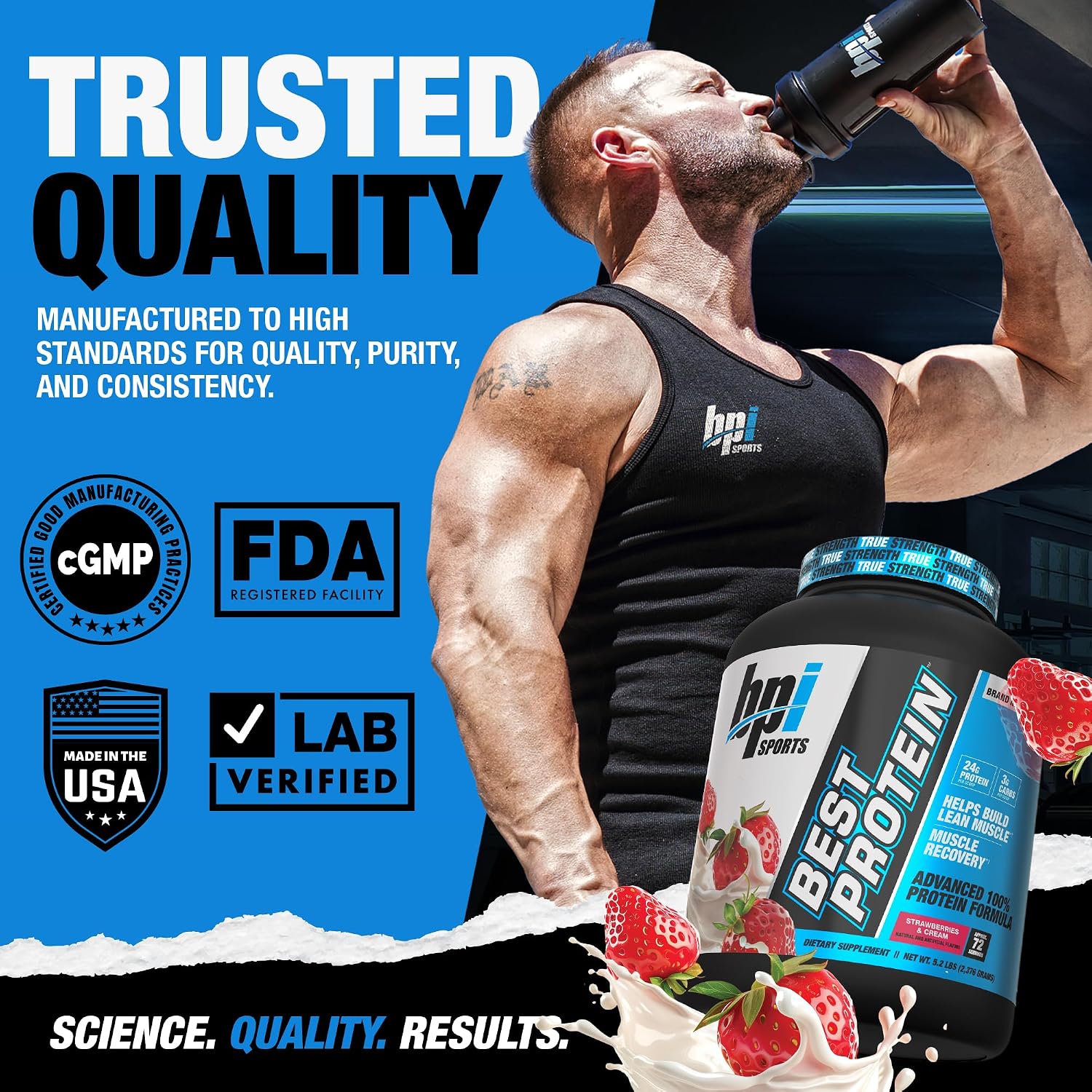 BPI Sports Best Protein – 100% Whey Protein Powder – Muscle Growth, Recovery, Meal Replacement – No Maltodextrin, No Fillers, Gluten Free – for Men & Women | Strawberries and Cream – 5.2 Pounds