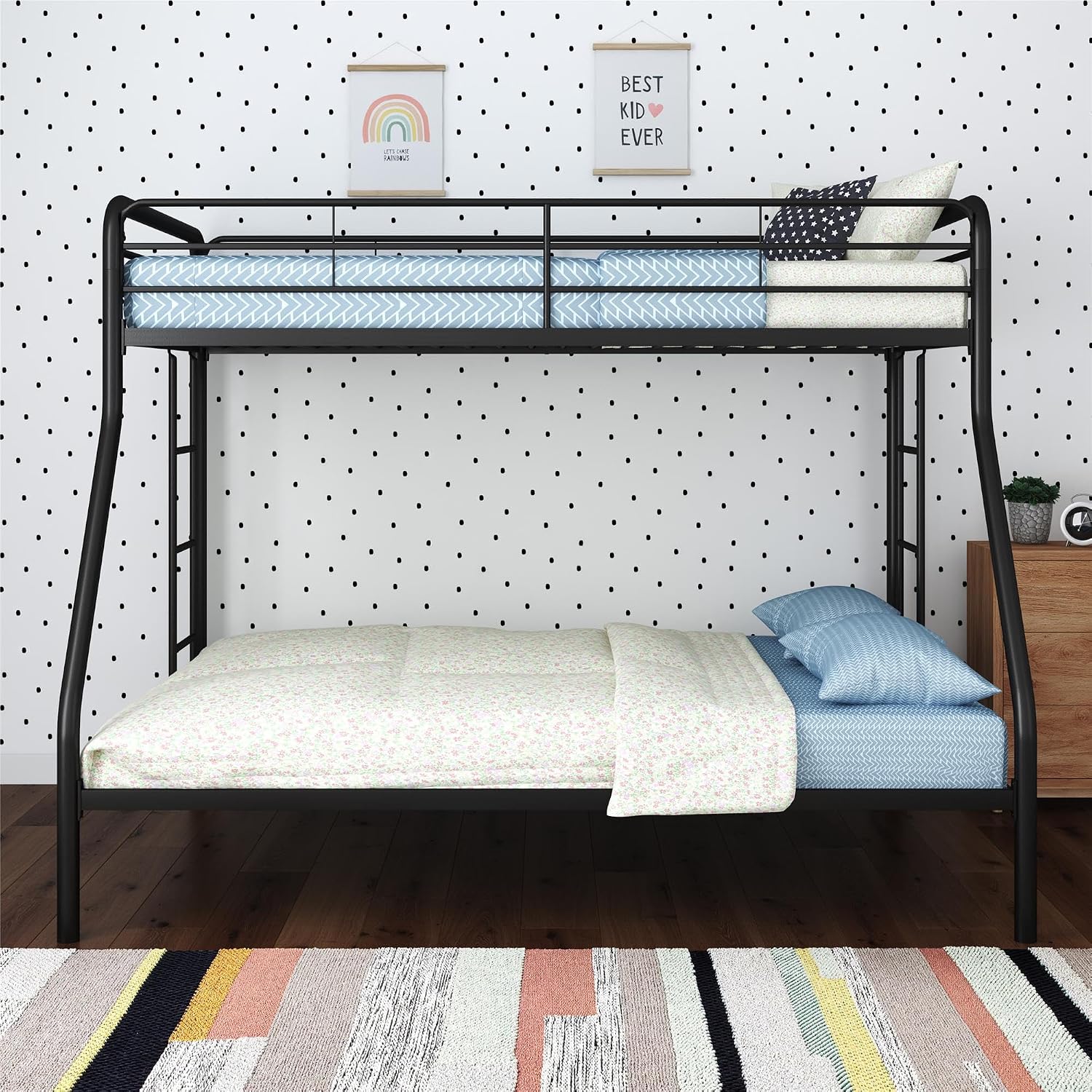 DHP Twin-Over-Futon Convertible Couch and Bed with Metal Frame, Ladder and Guardrails - Black