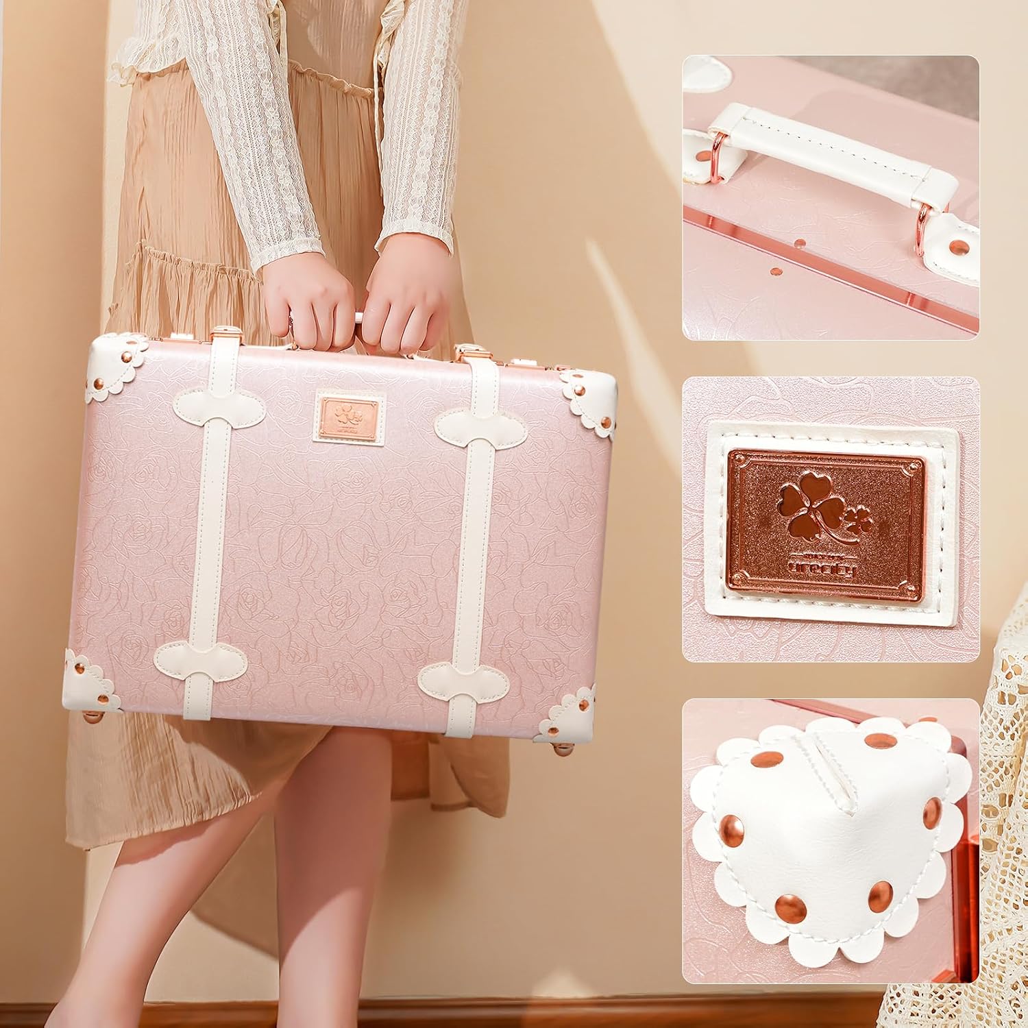 urecity Vintage and Cute Carry-on Overnight Case Non-wheeled Mini Leather Trunk Suitcase with Shoulder Strap