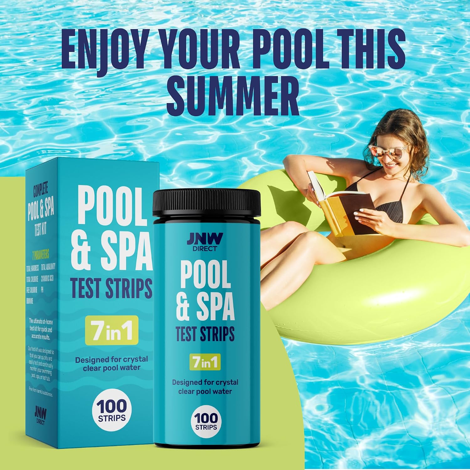 Pool Test Strips for Pools and Spas - 7 in 1 Water Test 100 Pack | Includes 100 pool test strips that measure chlorine, bromine, pH, alkalinity, hardness and cyanuric acid in 30 seconds.