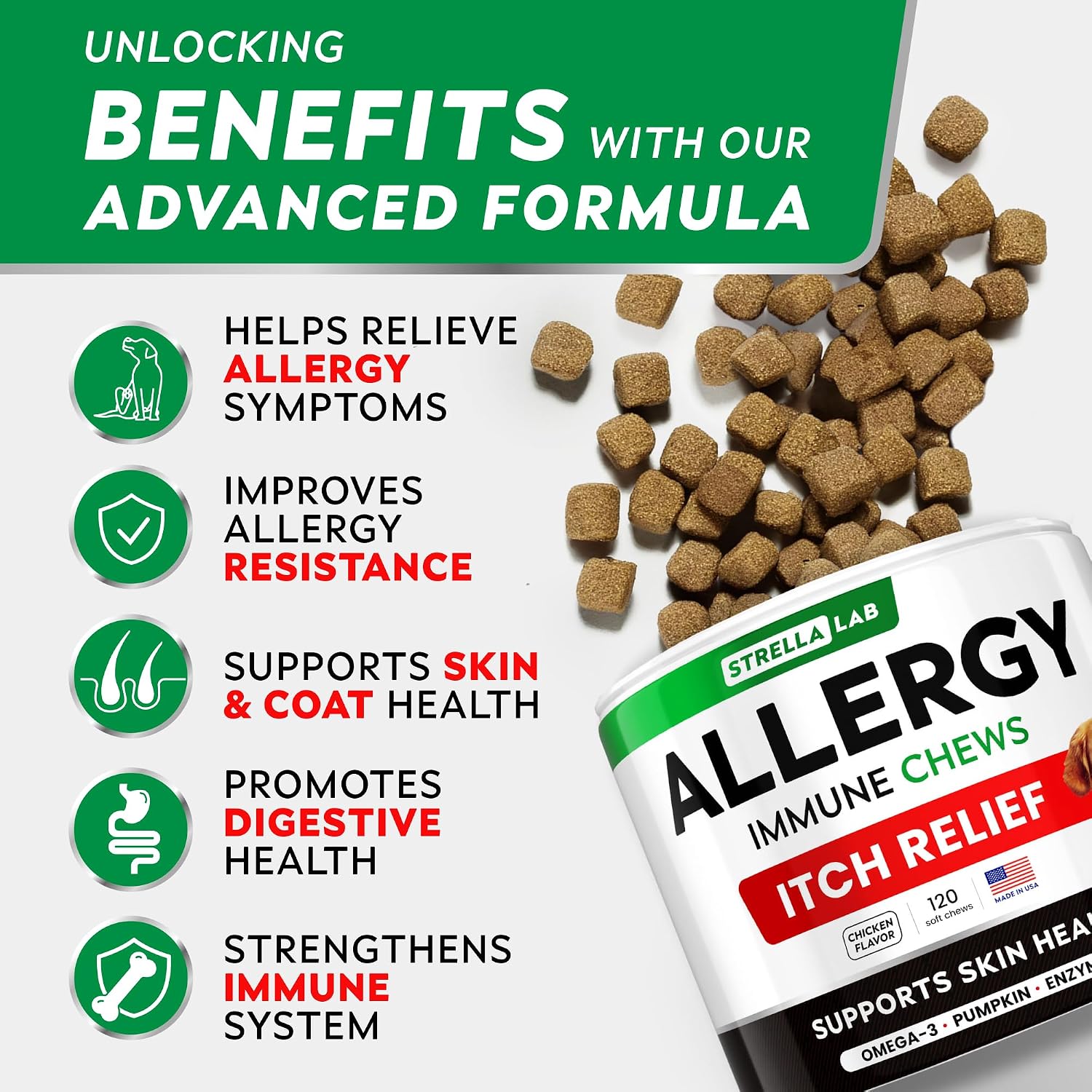 Dog Allergy & Itching Relief - Anti Itch, Skin&Coat Support Chews w/Omega 3