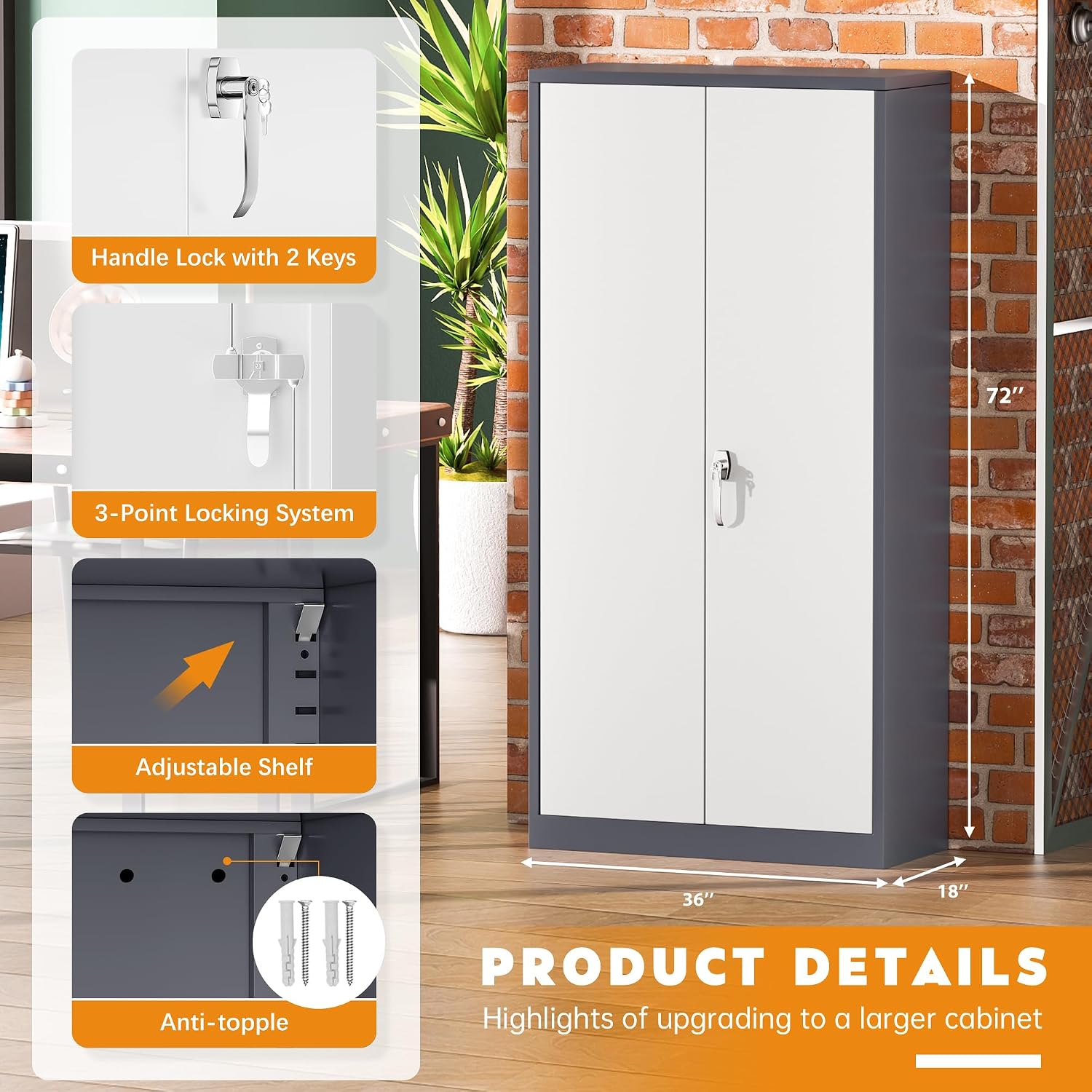 Greenvelly Steel SnapIt Storage Cabinet, 72" Locking Metal Garage Storage Cabinet with 4 Adjustable Shelves, 2 Doors and Lock for File, Office, Garage