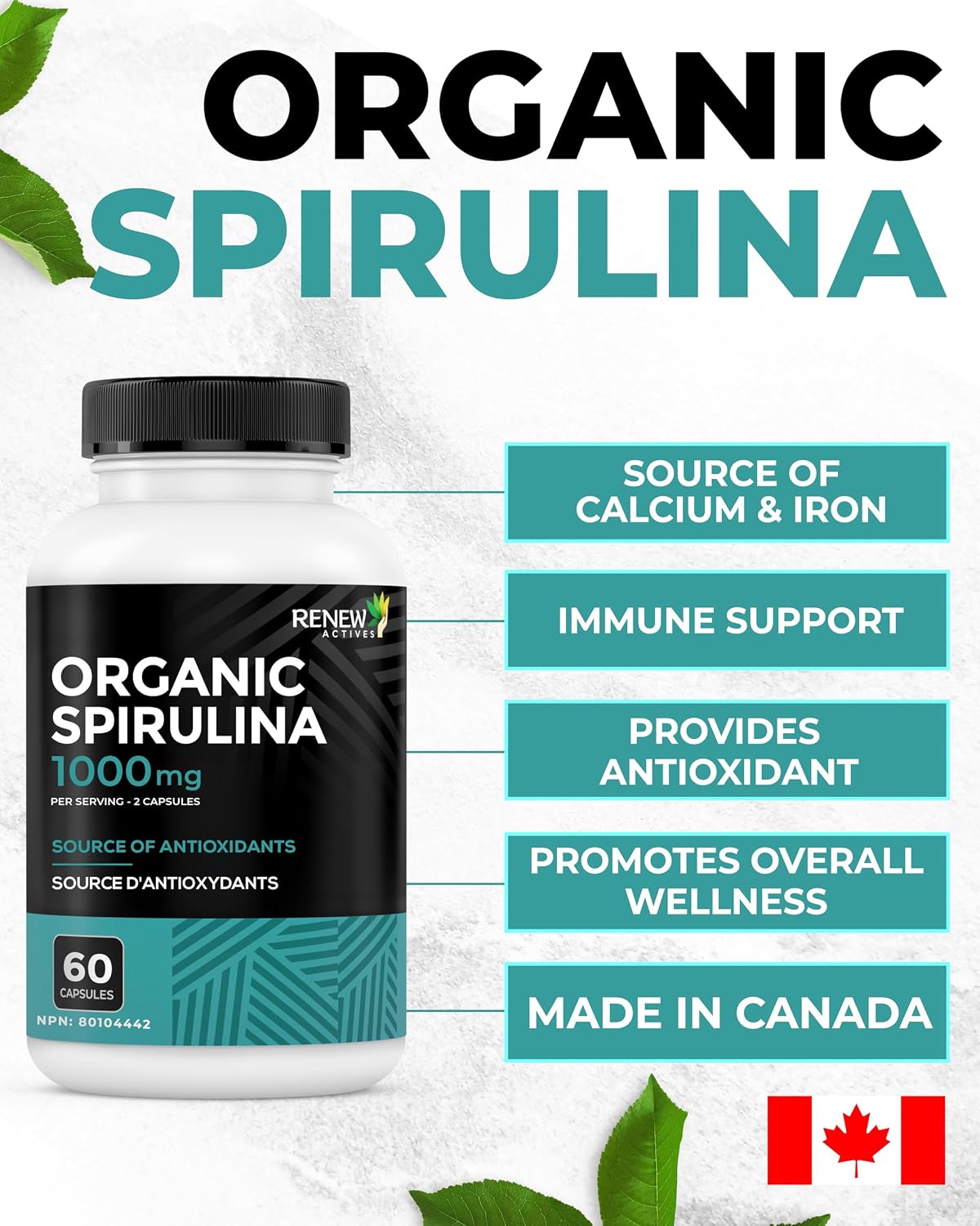 Renew Actives Organic Spirulina 1000MG per 2 Capsules – Superfood for Men & Women – Supports Energy