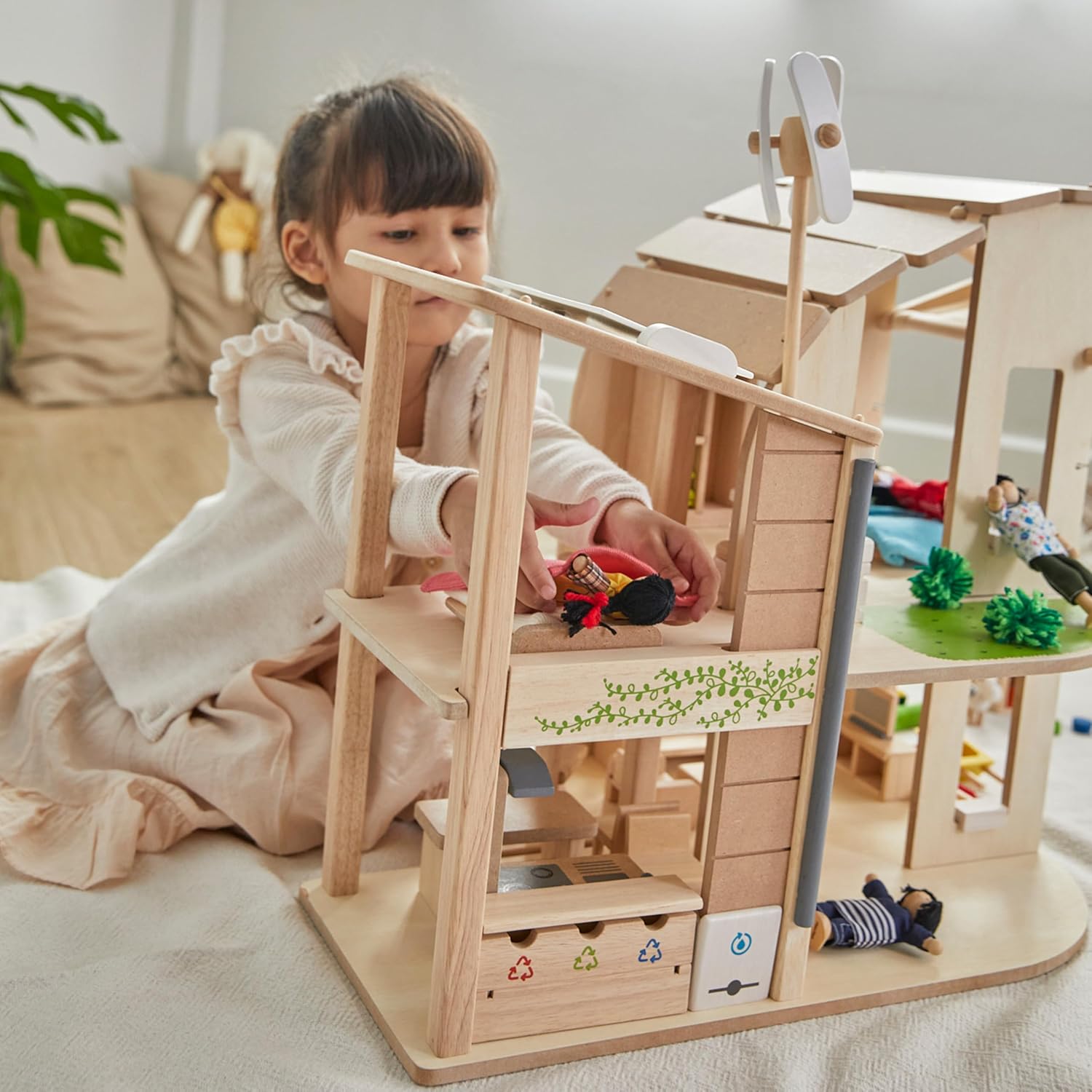 PlanToys® Green Wooden Dollhouse with Solar Panel, Wind Turbine & Furniture | recycling system, eco-friendly doll house, sustainable pretend play, kids, girls, environmental learning gift for boys
