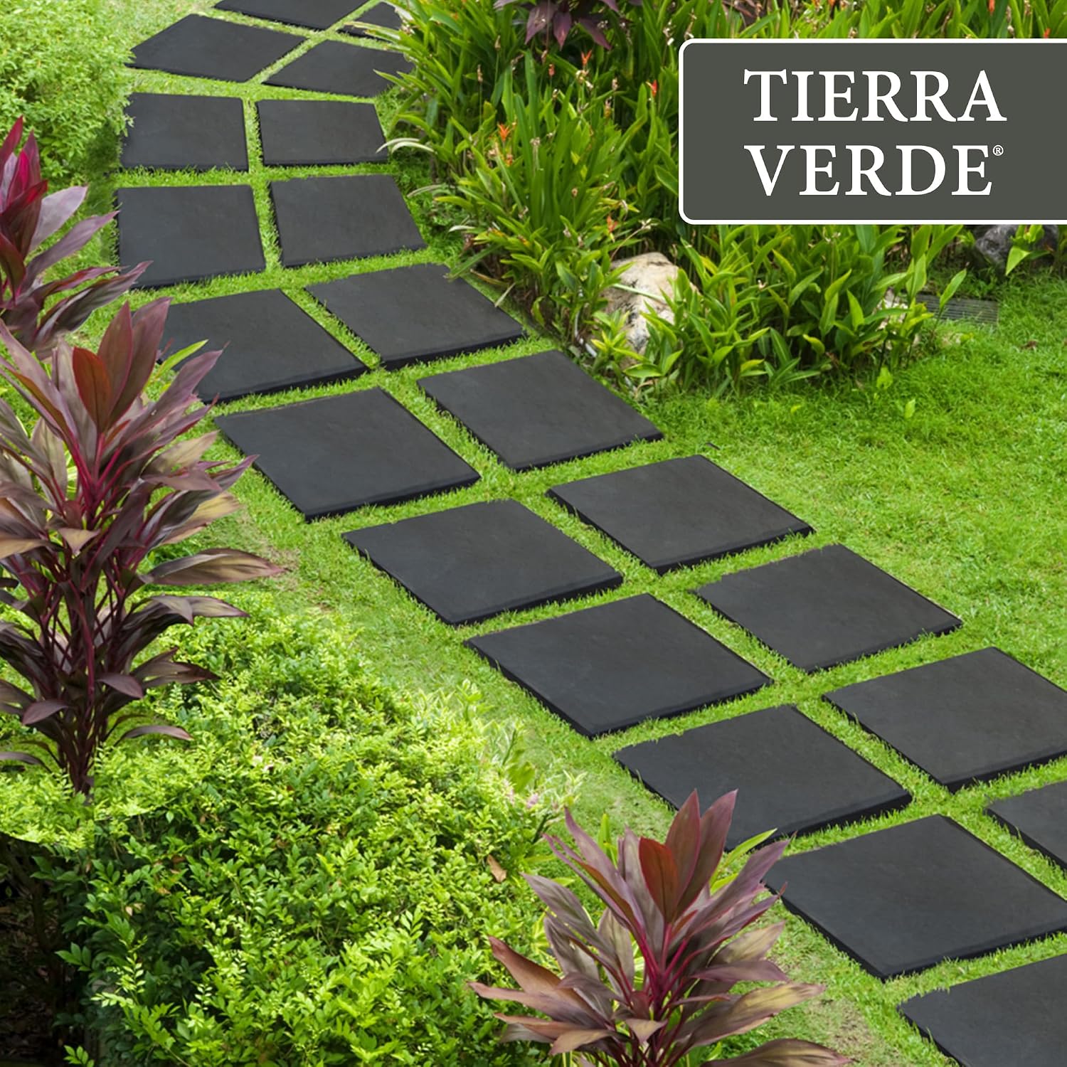 TierraVerde Faux Stone Square Stomp Stones, 12"x12", Black, 10-Pack | Durable Rubber Stepping Stones for Landscaping, Gardening & Walkways