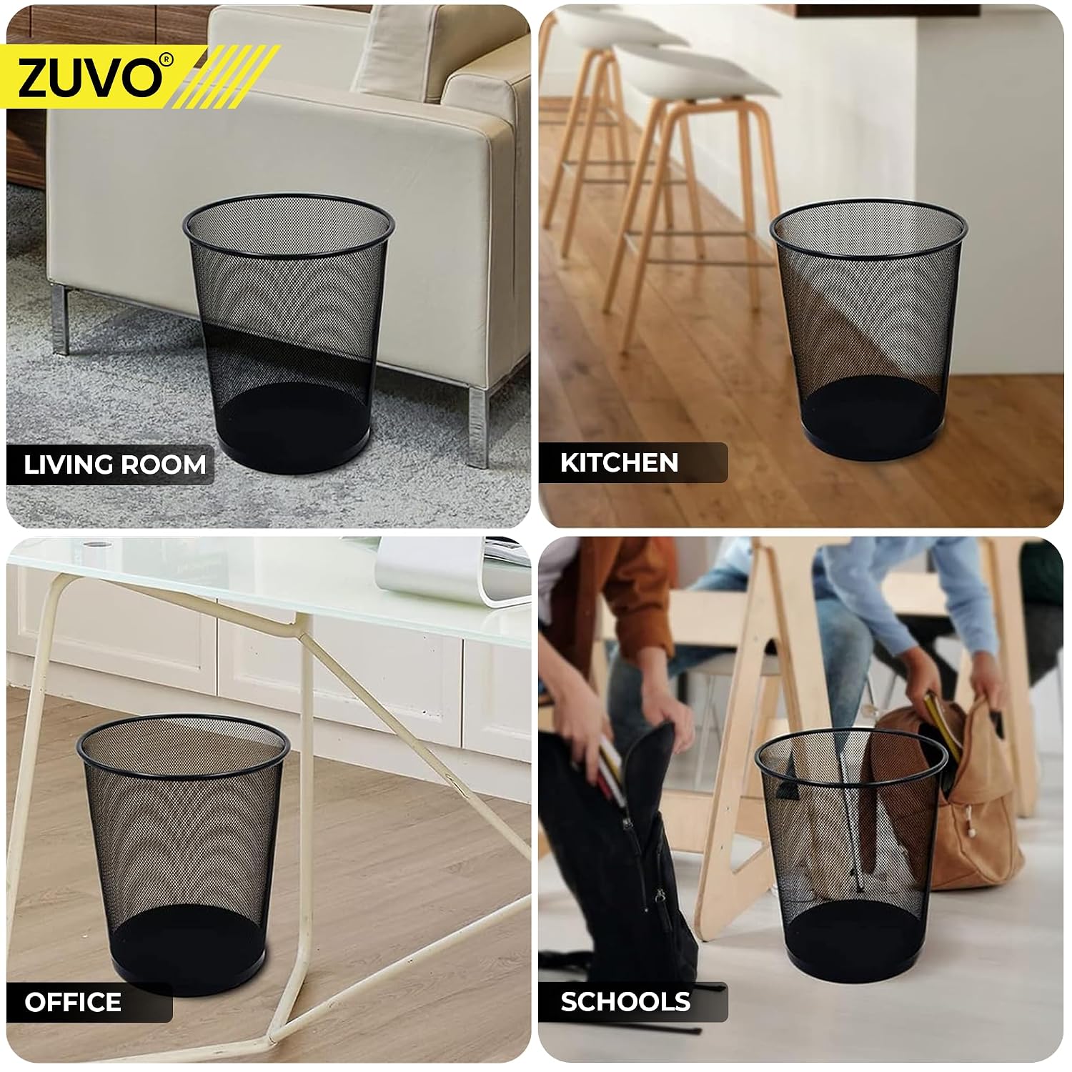 Zuvo Mesh Wastebasket Black Metal Wire Garbage Trash Can for Office Home Bedroom Height 10.1" Width 10", 4 Gallon (16 Quart) (1, Black)