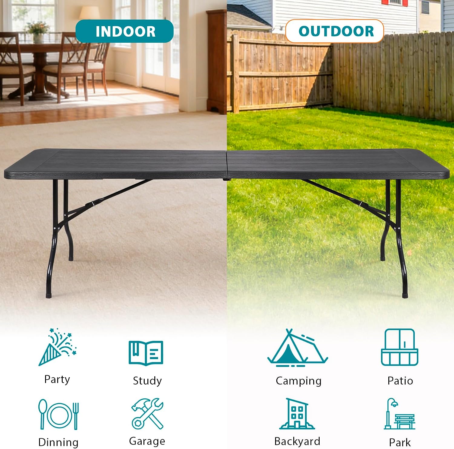 ZENY 6ft Folding Table, Portable Picnic Table, Plastic Table for Indoor Outdoor Picnic, Party, Camping, Heavy Duty Fold-up Table with Handle, White