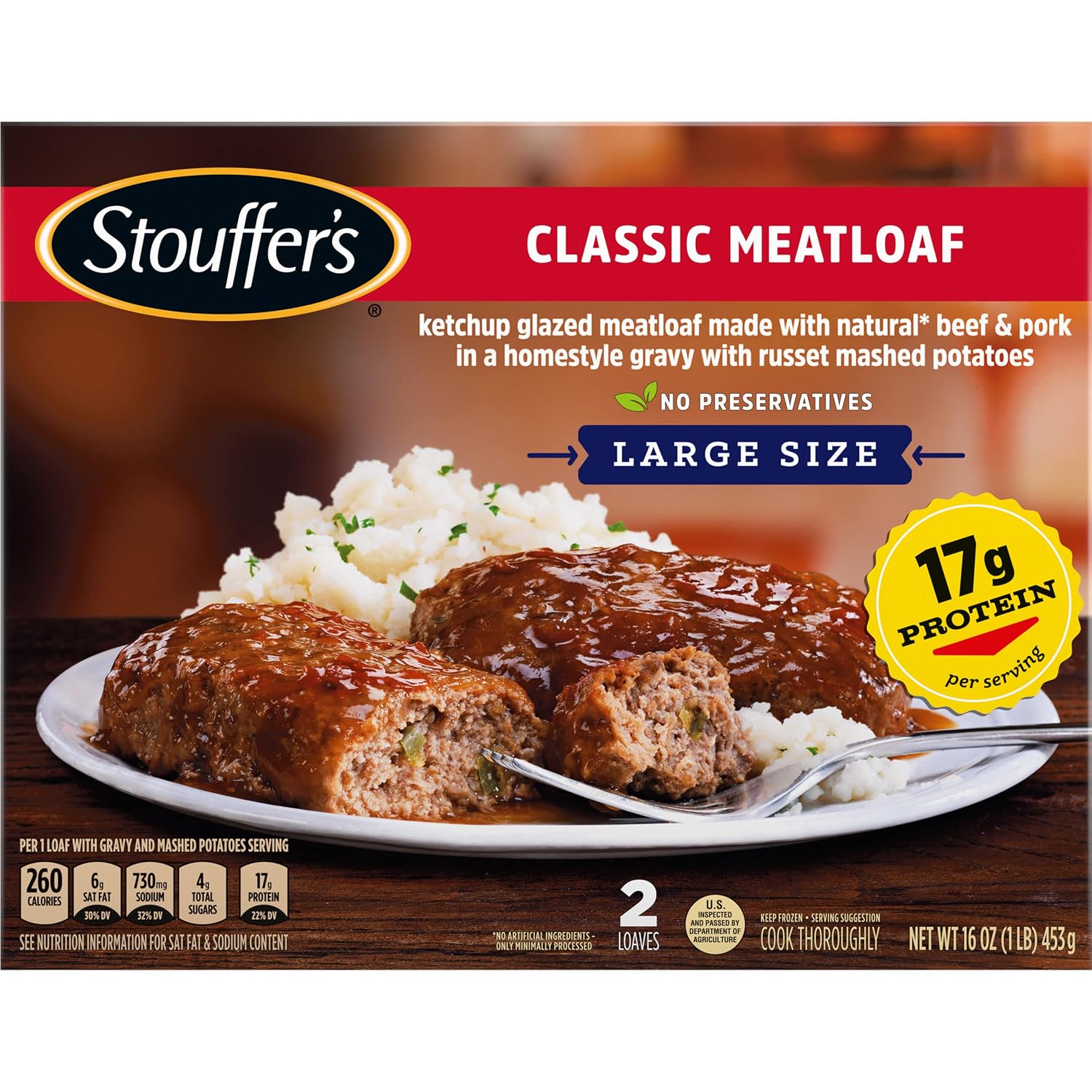 Stouffer's Classic Meatloaf, Single Serve Frozen Meal, 16 Oz | Made with beef and pork topped with homestyle beef gravy and mashed potatoes