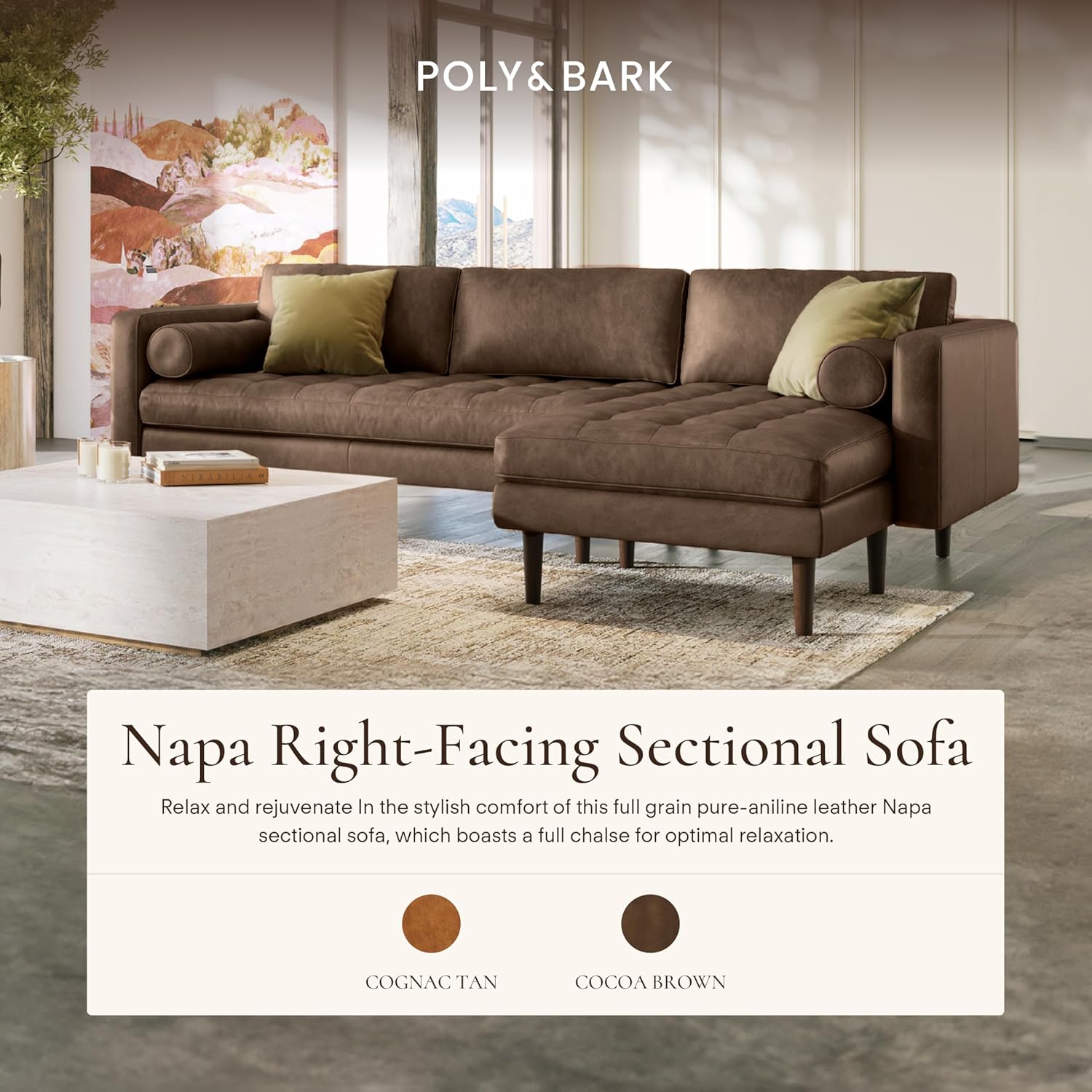 Poly & BARK 55" Tufted Leather Bed Bench for Bedroom End of Bed - Living Room Entry Way Bench - Pure Italian Leather Upholstery with a Solid Wood Frame - Ottoman Bench with Wooden Legs - Cognac Tan