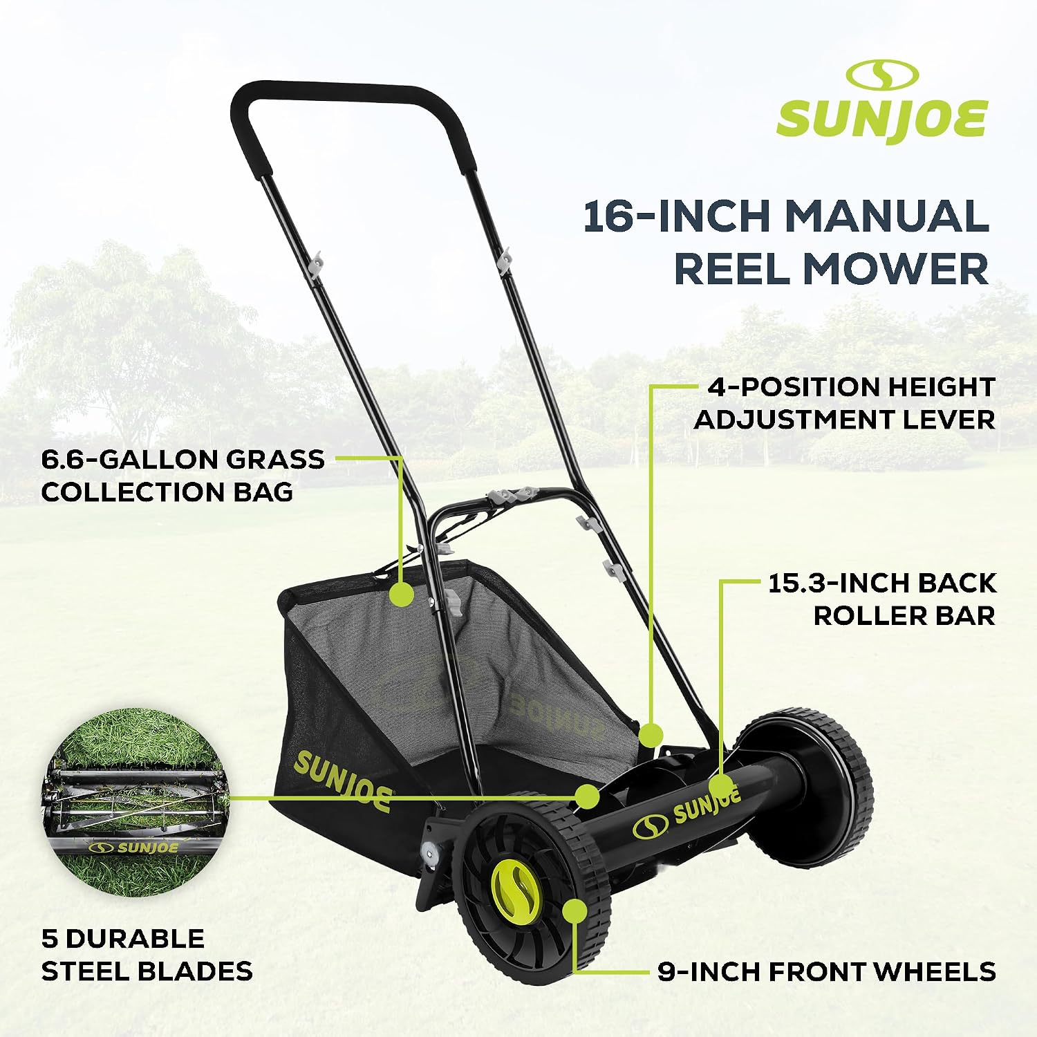 Sun Joe Manual Push Reel Lawn Mower with 6.6-Gal Grass Catcher, 16-Inch Cutting Width - Heavy-Duty Yard Trimmer Machine for Gardening Care and Maintenance, MJ500M