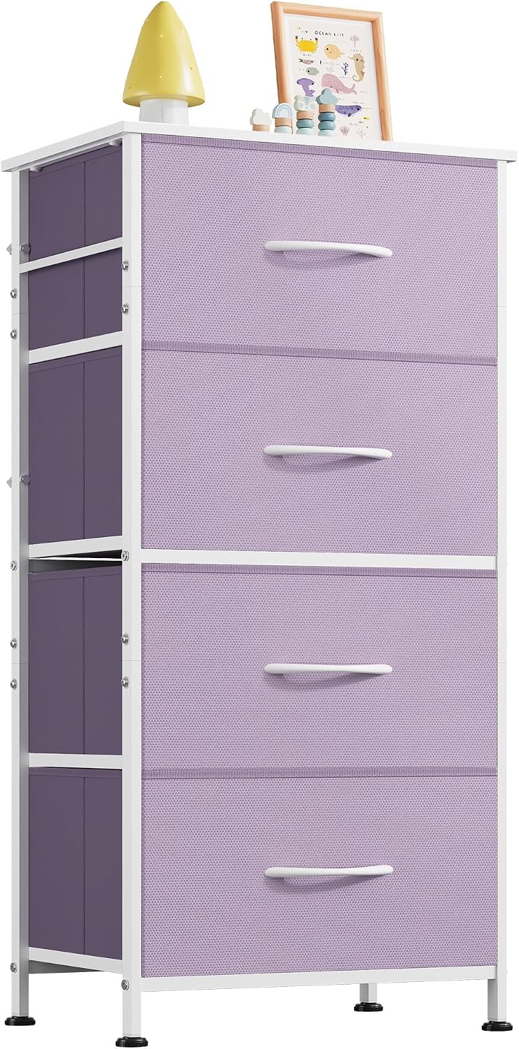 WLIVE Small Dresser Nightstand for Bedroom, 4 Drawers, Light Grey | 4 vertical fabric drawers, Space-saving tower, Bedroom or closet use, Chest of drawers, Dresser for small spaces