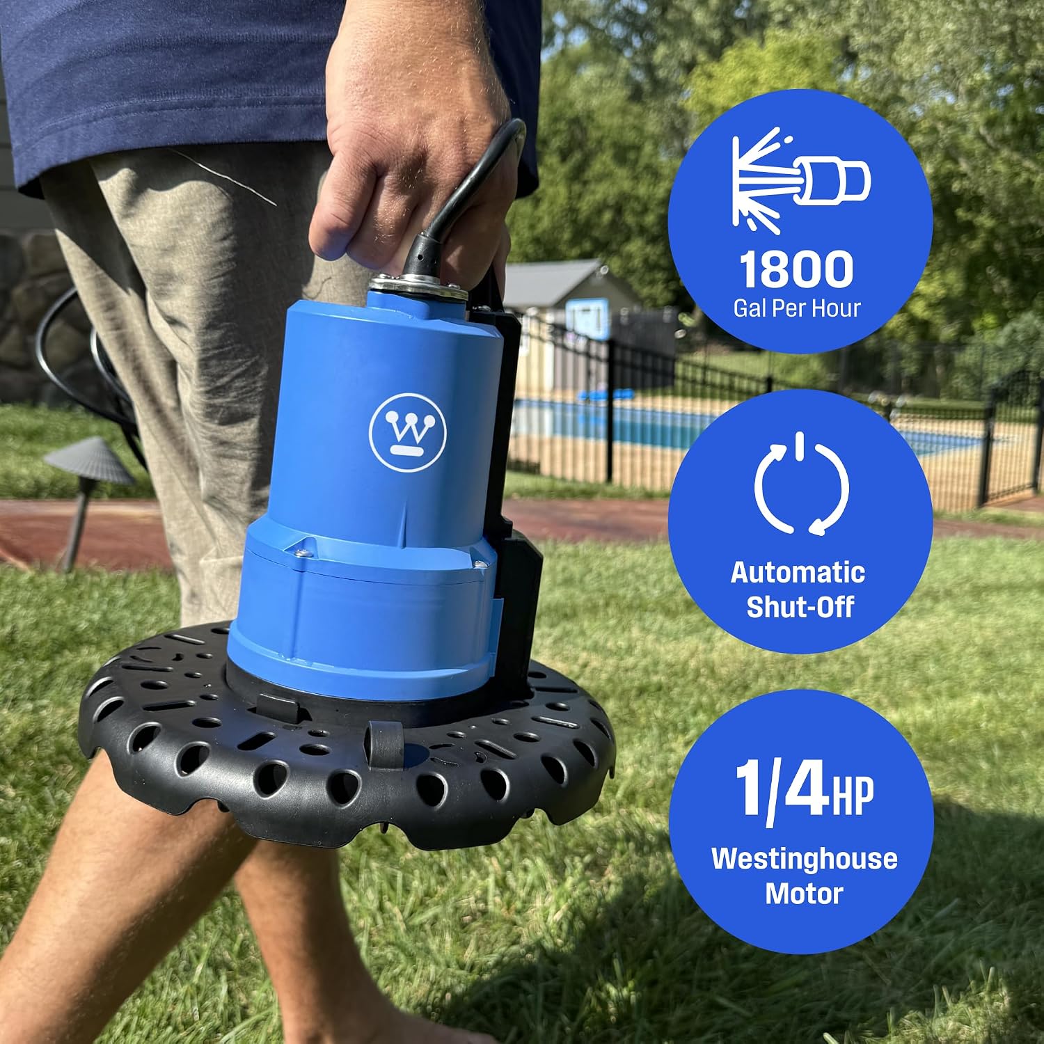 Westinghouse - 1/4 HP Pool Cover Pump, Automatic Submersible Pump with 25ft Power Cord, 1800 GPH Water Removal for Pool, Hot Tubs