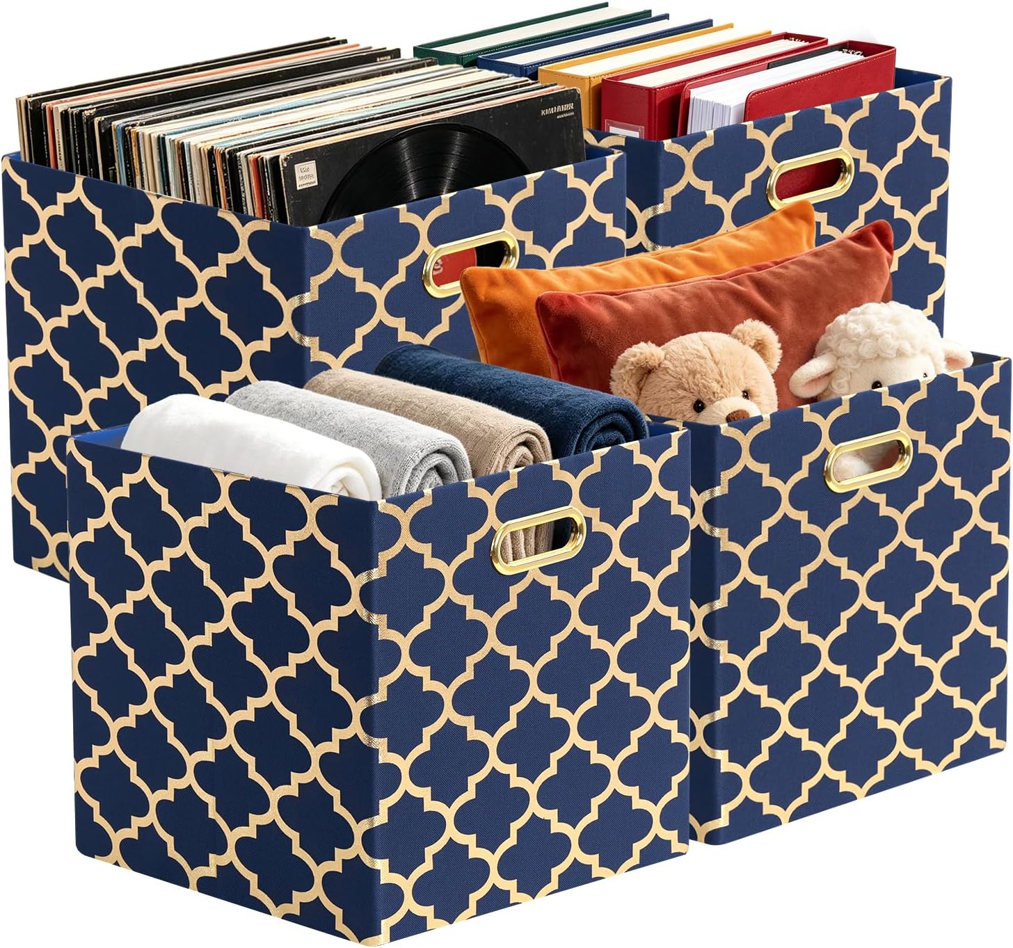 Posprica Storage Bins, Storage Cubes,13×13 Fabric Drawers Organizer Basket Boxes Containers (13×13×13/4pcs, Cream/gold geometry Pattern)