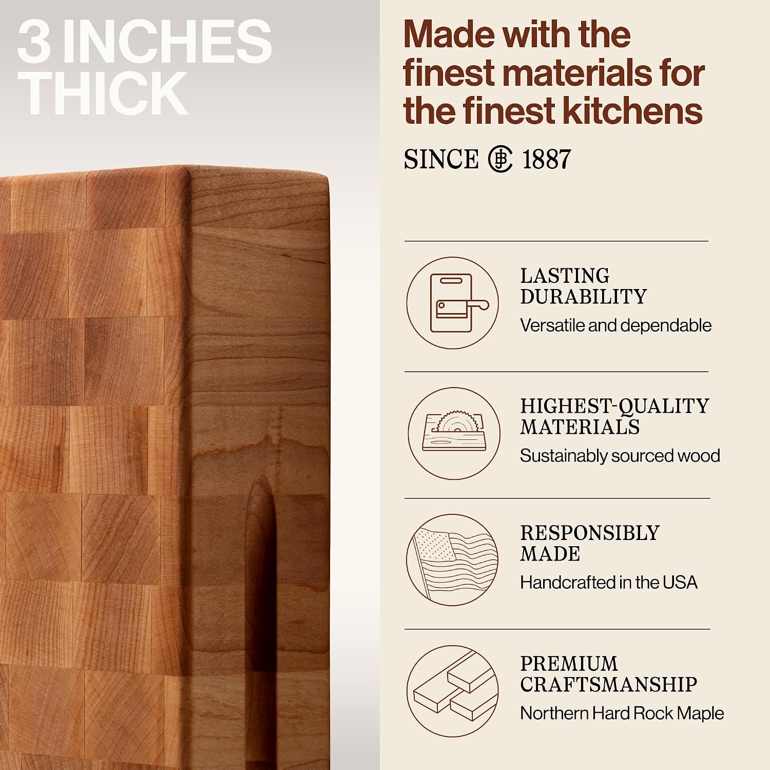 John Boos CCB Series Square Wooden Maple Cutting Board 12”x12” – 3” Thick, 13-lb Reversible Butcher Block with End-Grain & Finger Grips – Made in the USA
