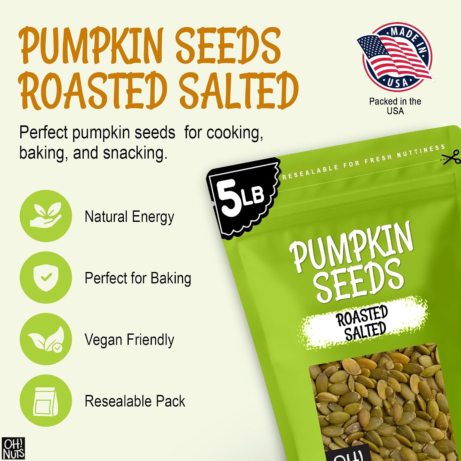 Oh! Nuts Roasted Pumpkin Seeds Salted Pepitas No Shell 2 Pound | Roasted salted pumpkin seeds no shell - Premium pepitas packed in NY - Resealable zip bag for freshness