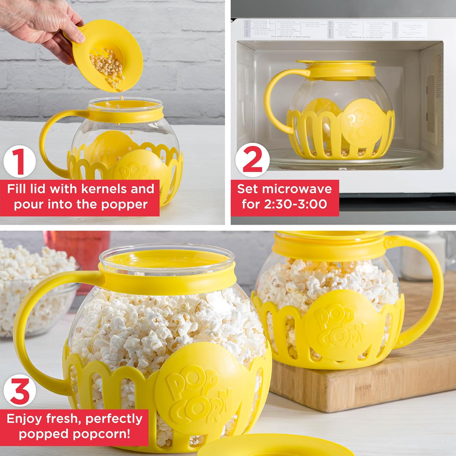 Ecolution Patented Micro-Pop Microwave Popcorn Popper with Temperature Safe Glass, 3-in-1 Lid Measures Kernels and Melts Butter, Made Without BPA, Dishwasher Safe, 3-Quart, Red