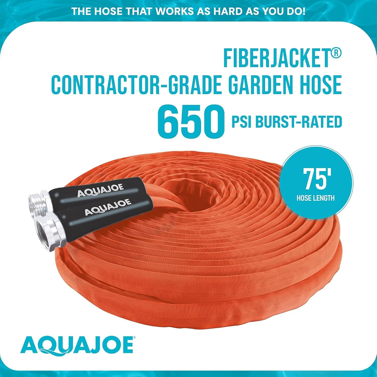Aqua Joe AJFJH75-34-CTR FIBERJACKET Garden Hose, Non-Expanding and Kink-Resistant, 650 PSI Burst Rating, 75 Feet Long, Orange