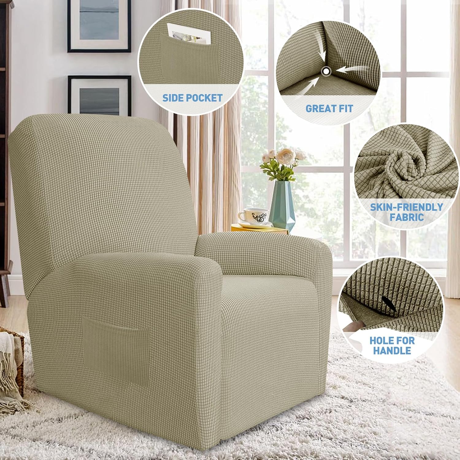 JIVINER Super Stretch Recliner Chair Covers 4 Pieces Sofa Slipcover for Reclining Chair Spandex Soft Recliner Slipcover with Pockets Recliner