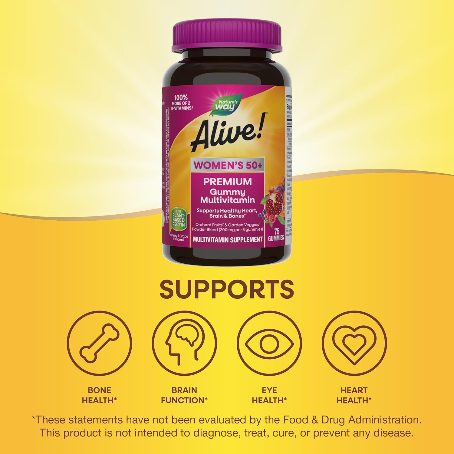 Nature's Way Alive! Premium Women's 50+ Gummy Multivitamin, 75 ct | 16 Nutrients; Grape and Cherry Flavored Gummies with Plant-Based Pectin; Supports Heart, Brain, Immune, Bone, and Eye Health*