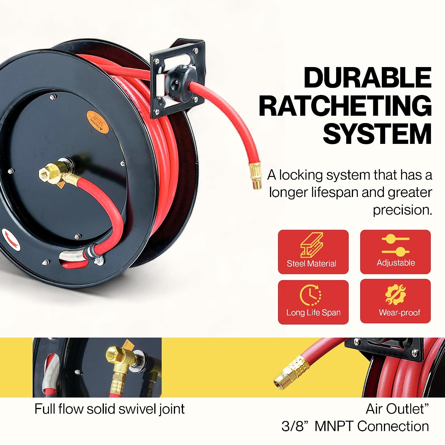 ReelWorks Retractable Air Hose Reel, 3/8" x 50 ft, 300 PSI, Hybrid | Keeps its hybrid hose flexible from -40°F to 176°F for year-round shop use