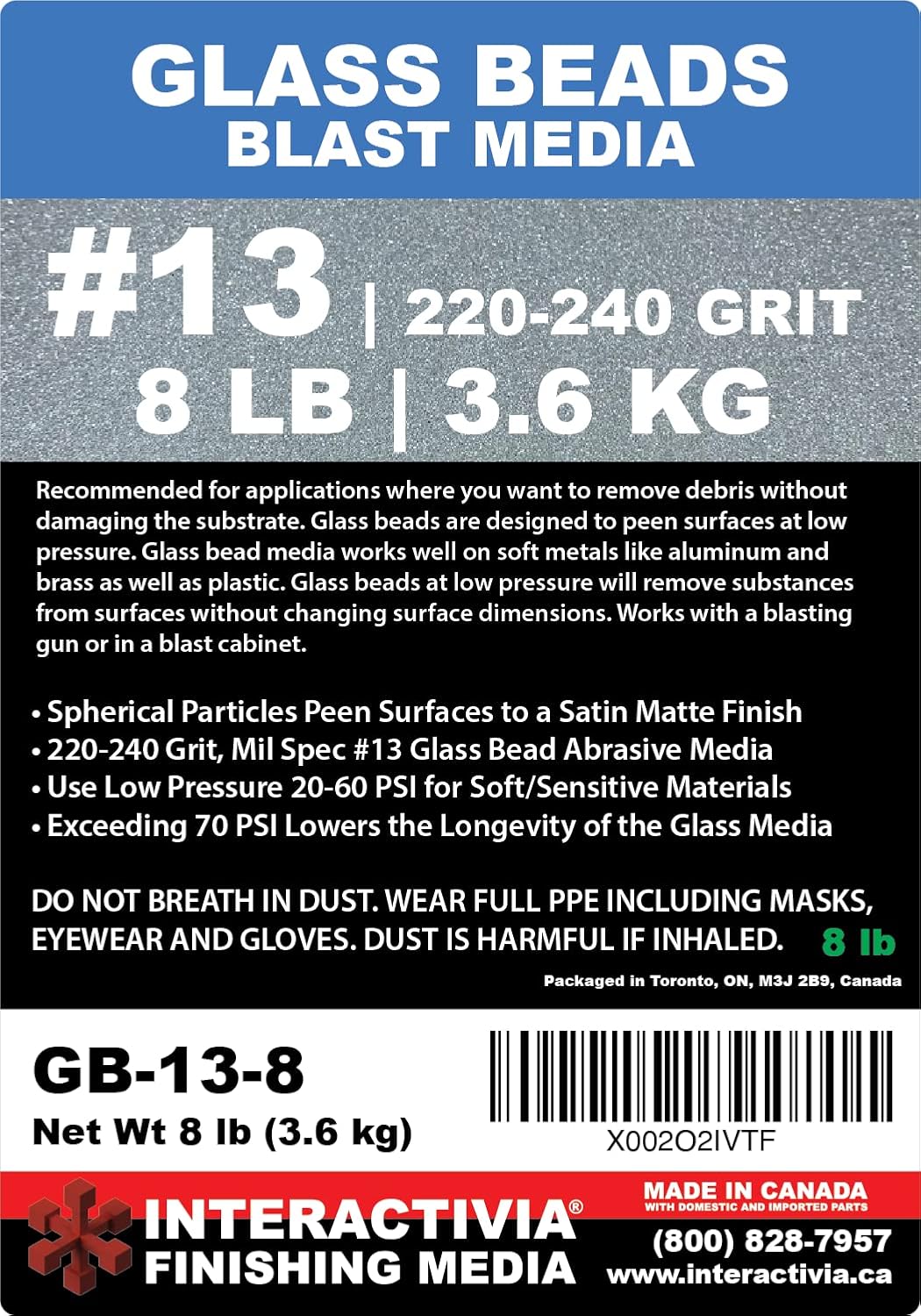 #13 Glass Beads - 8 lb or 3.6 kg - Blasting Abrasive Media (Fine) 220-240 Mesh or Grit - Spec No 13 for Blast Cabinets Or Sand Blasting Guns - Small