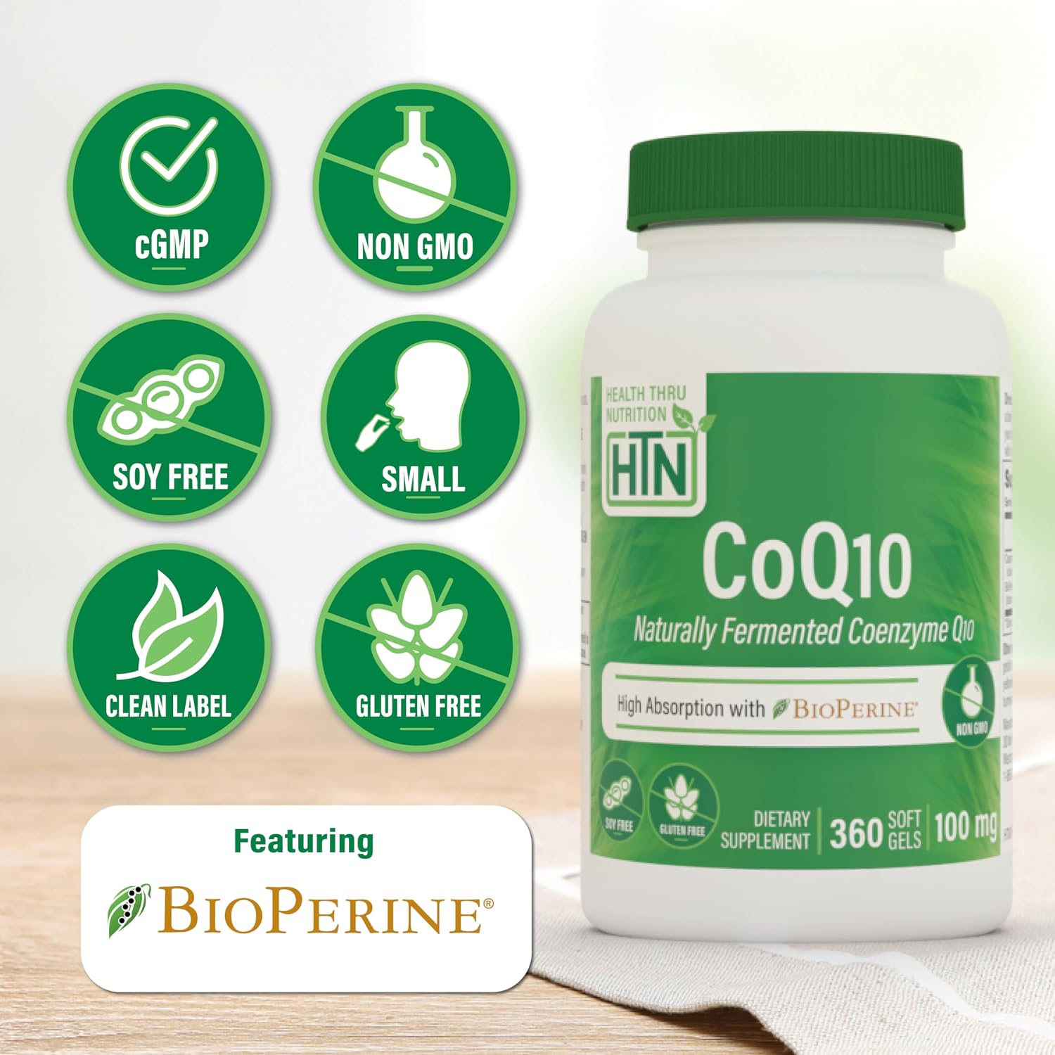 Health Thru Nutrition CoQ-10 100mg with BioPerine 120 Softgels | High Absorption Naturally Fermented USP Grade Coenzyme Q10 Supplement | 3rd Party Tested | Heart Health and Energy Support | High Absorption Naturally Fermented USP Grade Coenzyme Q10 Suppl…