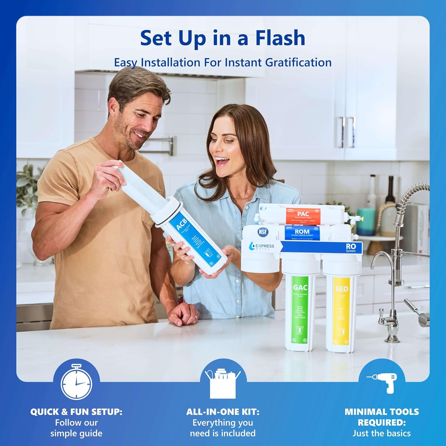 Express Water ROALK5D, 10-Stage Under Sink RO System, Alkaline, 50 GPD | NSF Certified 372, Deluxe Chrome Facuet, Reduces 99% of Impurities, BPA Free, Leak Detection