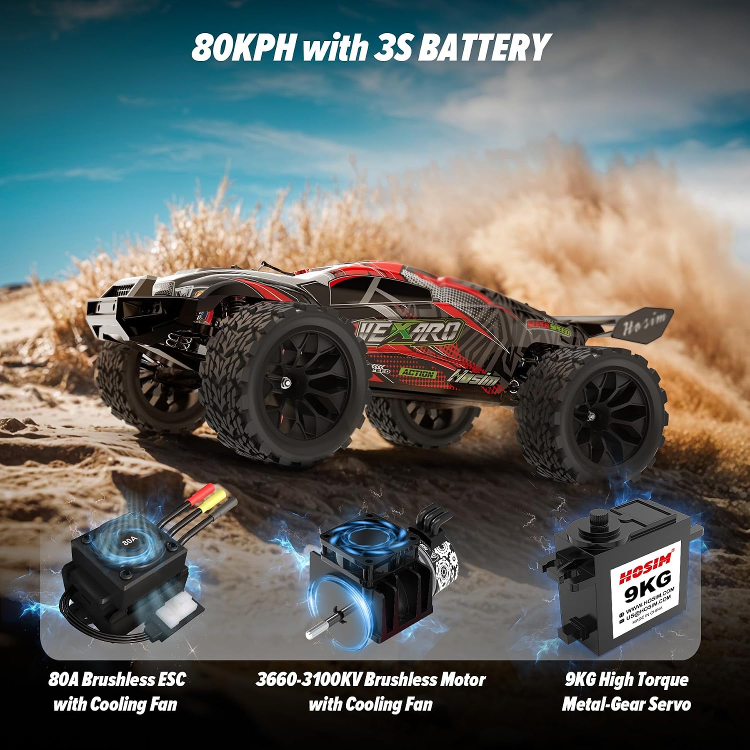 Hosim Mini 1:8 Brushless RC Cars for Adults, VEXARO 50+MPH Fast RC Trucks | 3660 3100KV Brushless Motor & 80A ESC, 2* 2600mAh 3S Lipo, Chrome Steel Central Transmission, All-Metal Oil-filled Shocks