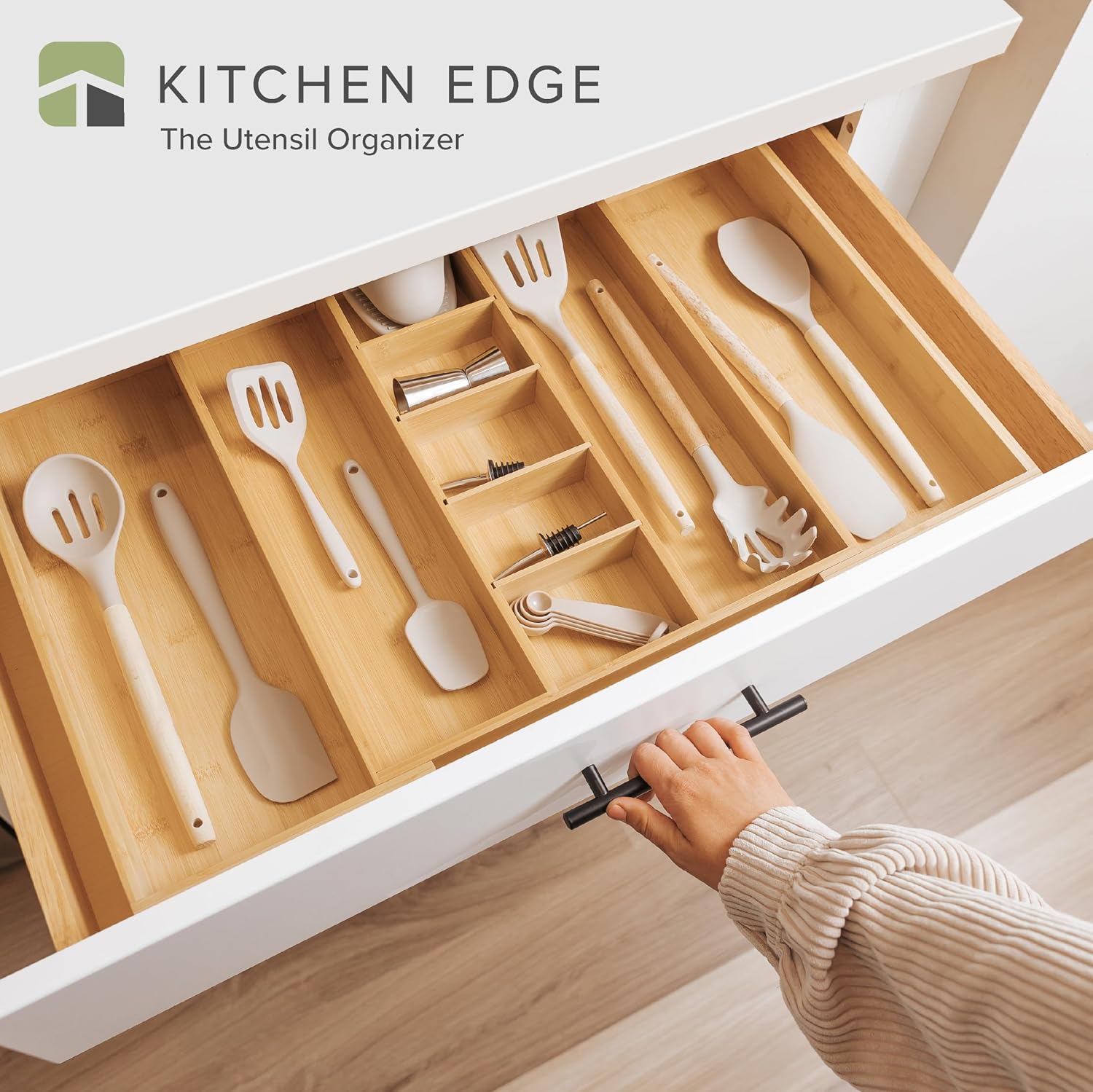 Utensil & Junk Drawer Organizer, 16-28 in, Bamboo | Food-safe contract grade, 100% sustainable wood, non-slip, adjustable