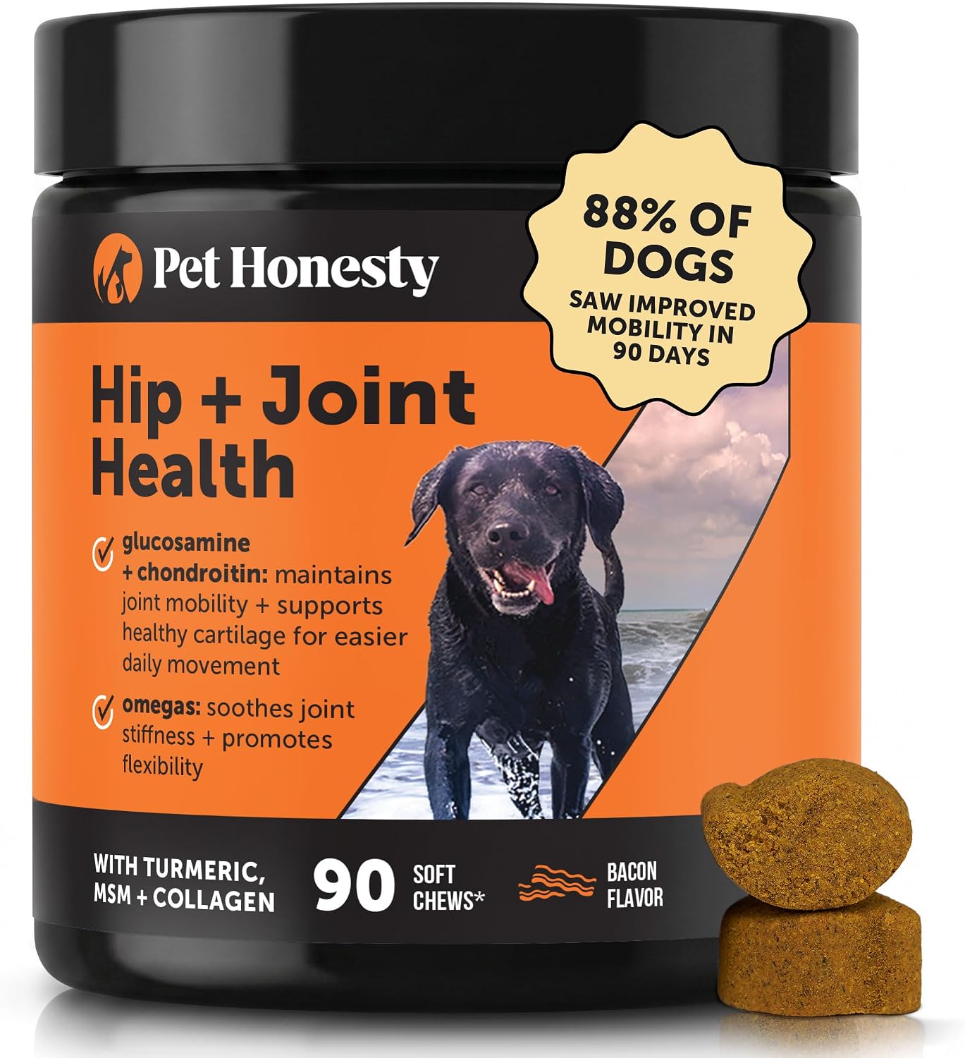 Hip + Joint Supplement for Dogs with Glucosamine Chondroitin - MSM, Turmeric & Collagen Soft Chews - Joint Function, Stiffness, and Mobility Support, May Reduce Occasional Discomfort (Chicken, 90 Ct)
