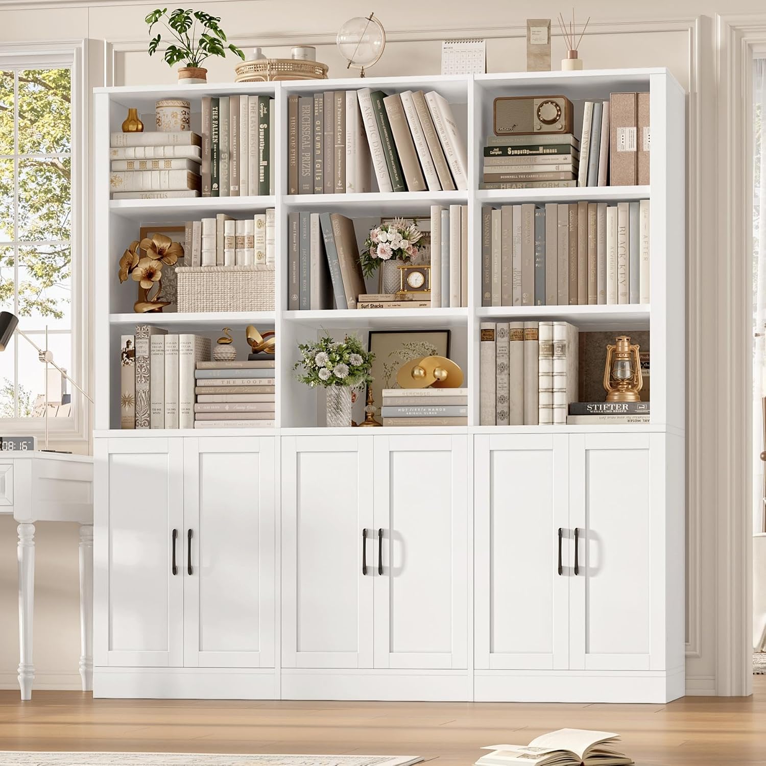 70” H x 63” W Triple Wide Bookshelf, Tall Bookcase with 6 Doors | 5 Tier Book Shelf with 15 Storage Shelves, Tall Book Case Large Bookshelves with Storage Cabinet for Home Office, White