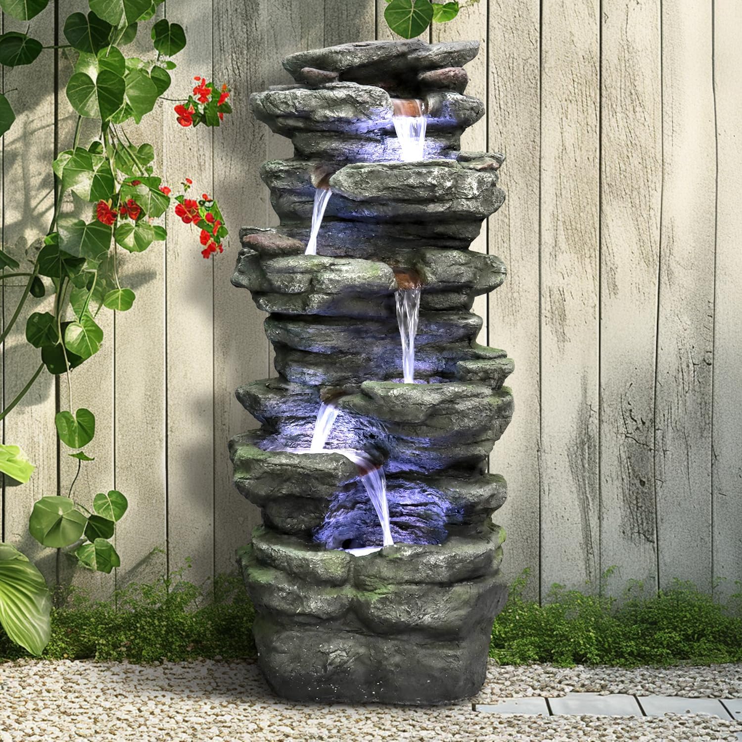 SunJet 40.5” High Rocks Outdoor Water Fountain - 6-Tiers Cascading Waterfall with LED Lights, Soothing Tranquility for Home Garden, Yard Decor