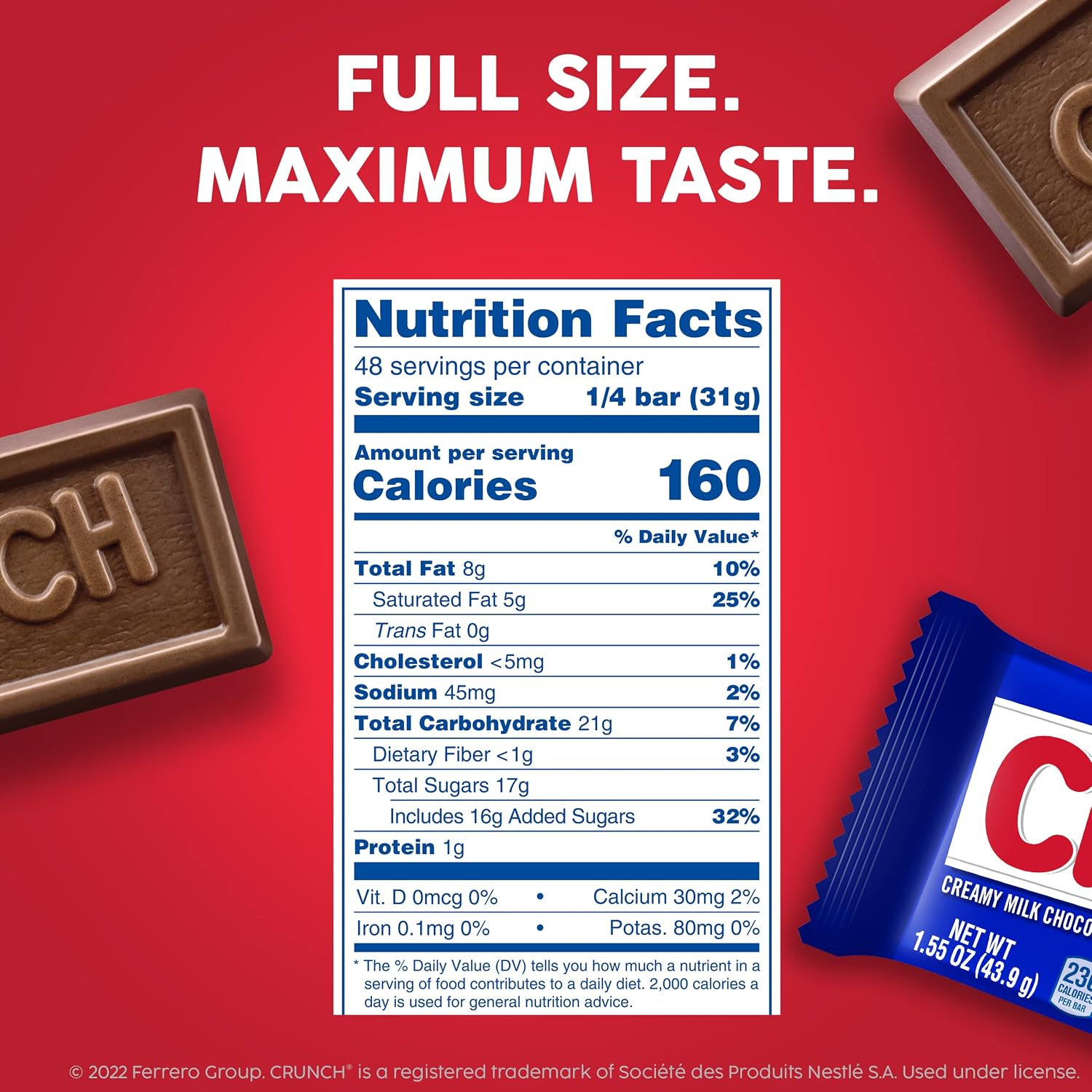 CRUNCH Full-Size Candy Bar, Creamy Milk Chocolate with Crunchy Crisped Rice, 36 Individually Wrapped Bars, 1.55 oz Each
