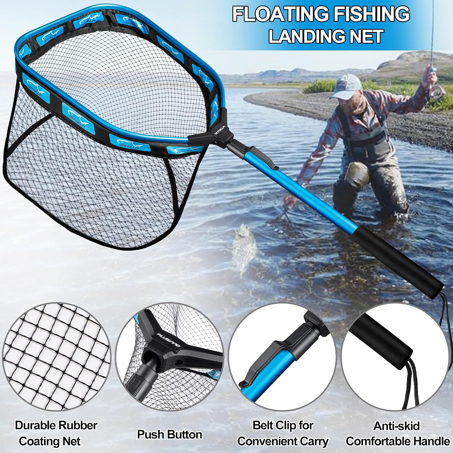 PLUSINNO Floating Fishing Net for Steelhead, Salmon, Fly, Kayak, Catfish, Bass, Trout Fishing