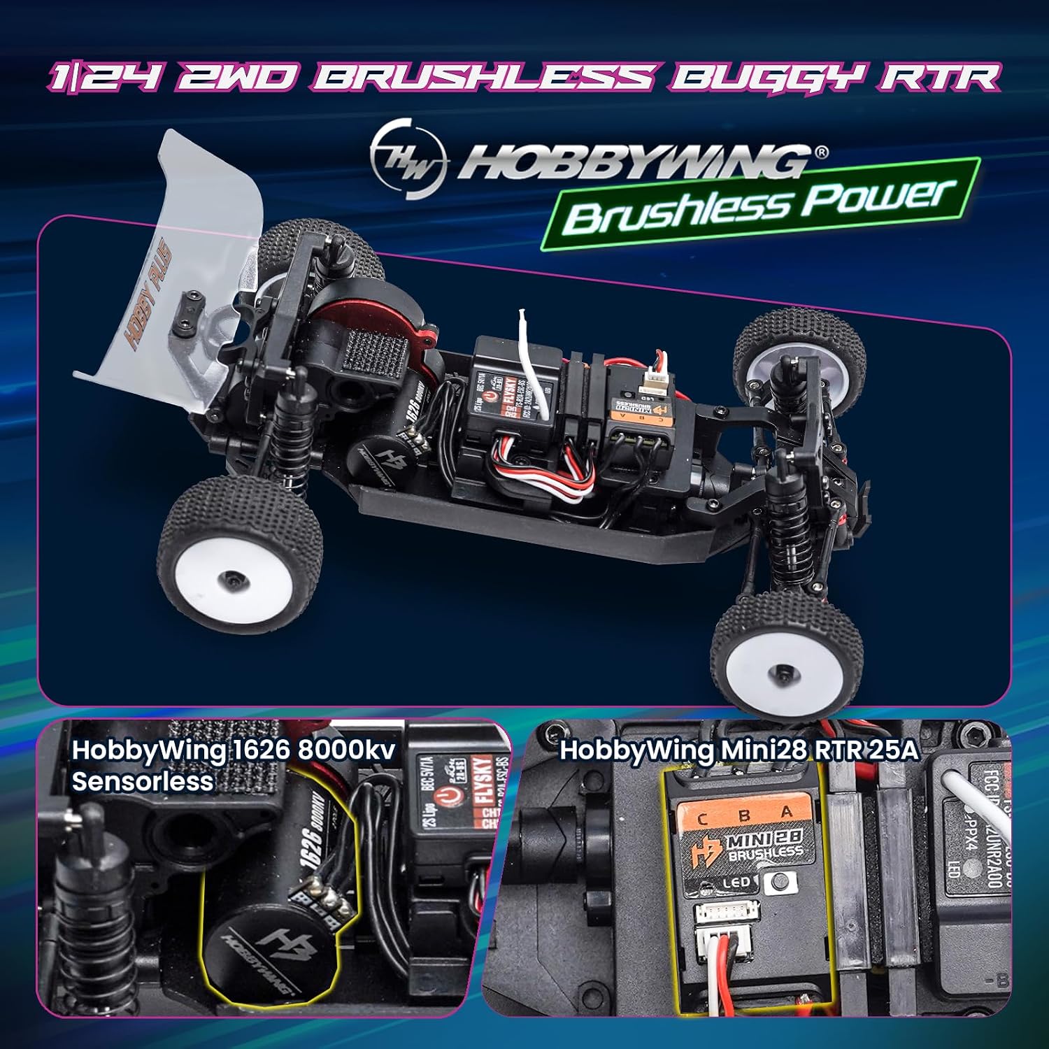 HOBBYPLUS Speck B Elite Brushless 1/24 2WD Mini RC Car - RTR RC Buggy, Fast Mini Racing Buggy – Remote Control Car Racing Vehicles (Razor Magenta)
