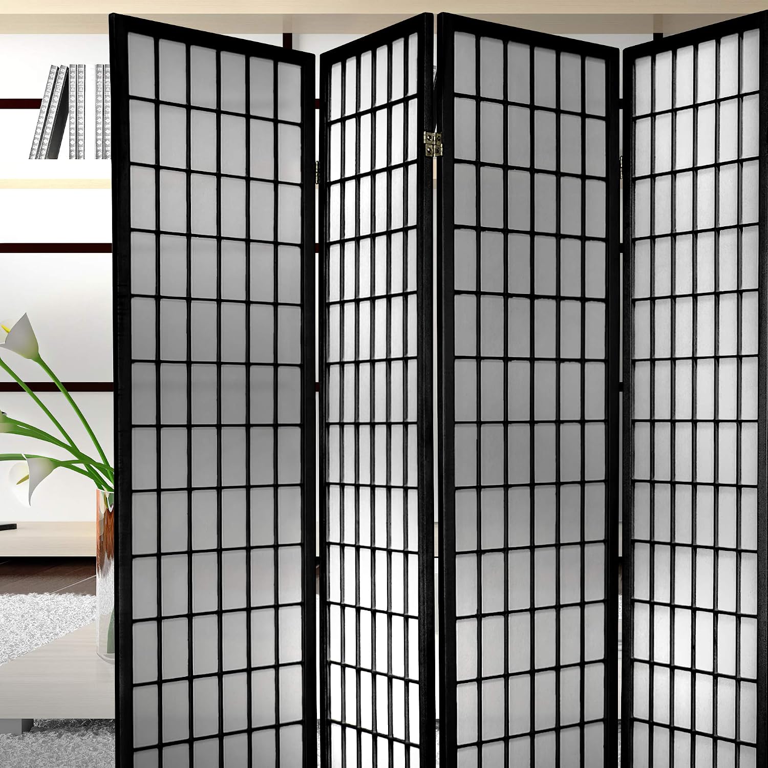 Red Lantern 6 ft. Tall Window Pane Shoji Screen - Walnut - 5 Panels