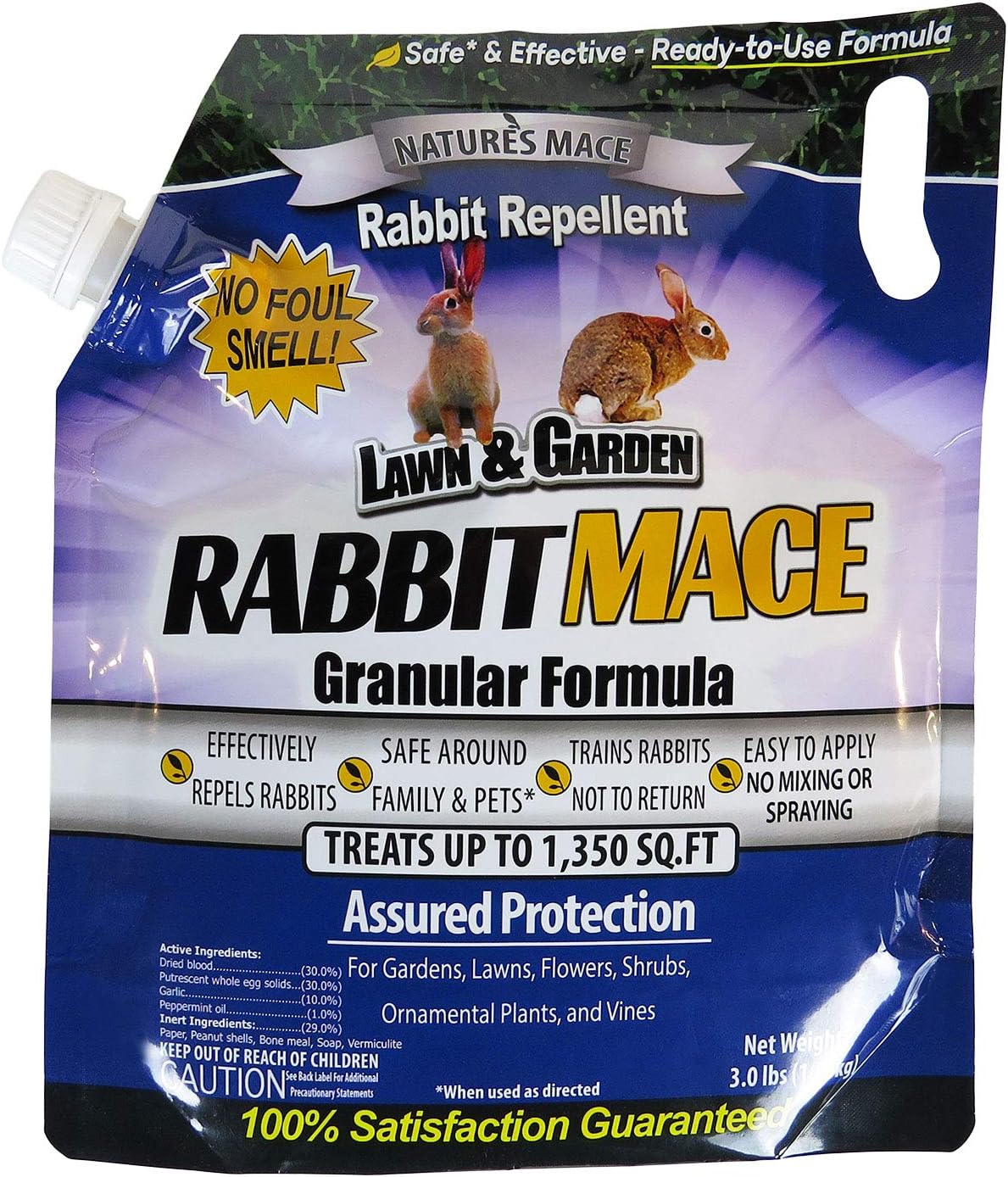 Nature's MACE Rabbit Mace Rabbit Repellent 3 lb Granules | Gardens, Lawns, Farms & Landscapes, Treats 1,350 sq ft, Granular Deterrent, All-Season Use, Safe for Pets, Children, Plants.