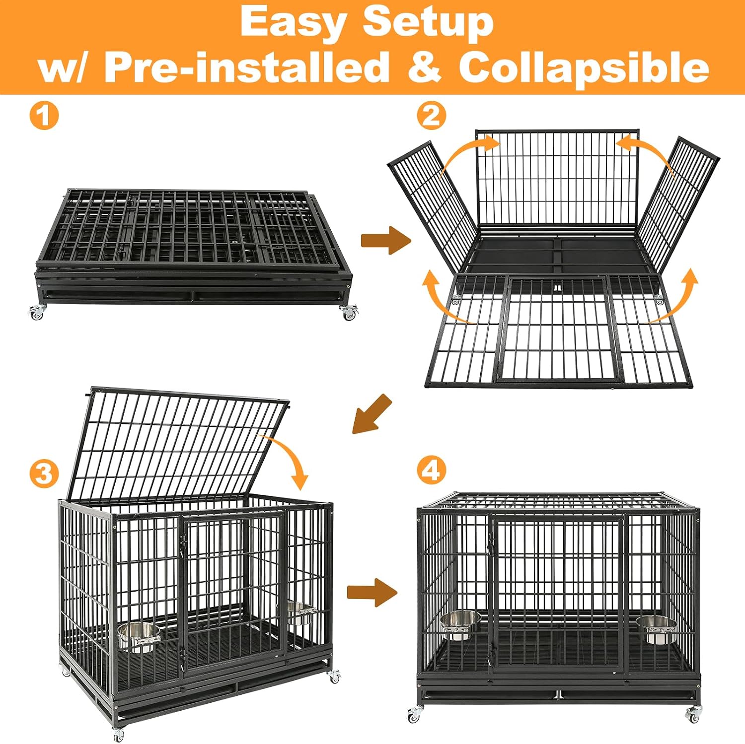 Homey Pet Taller 43" Heavy Duty Double Dog Crates with Divider & Dual Door | Drop Cage for Dogs with Lockable Wheels, Bowls, Removable Tray, Top Access, Ideal for Small to Medium & Large Dogs, Breeders