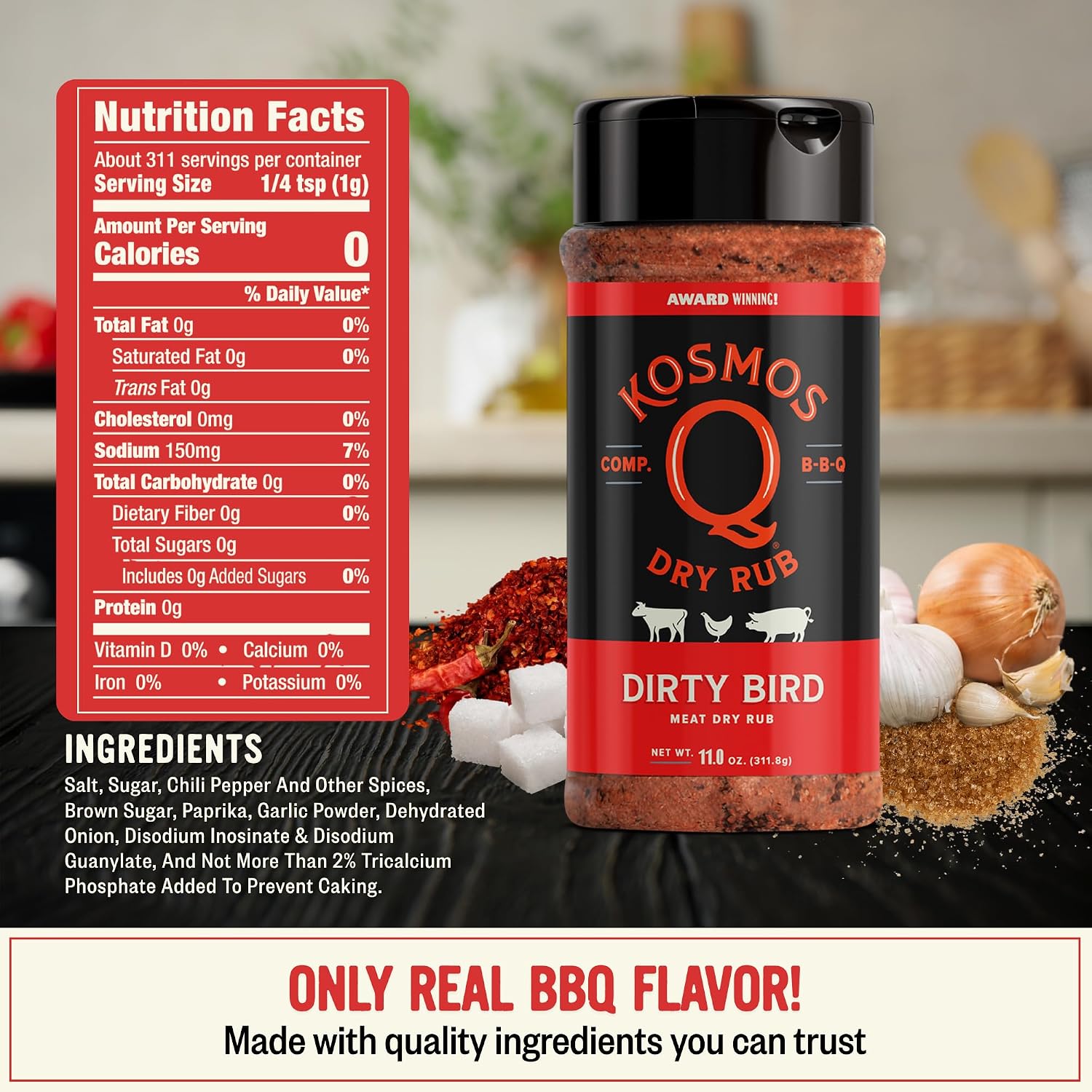 Kosmos Q Hot Dirty Bird BBQ Dry Rub, Spicy Seasoning with Chili Pepper, Brown Sugar, Garlic & Onion for Chicken, Turkey, Ribs, Pork, Dry Rub for Smoking & Grilling Meat, BBQ Spice Blend, 11 Oz Bag