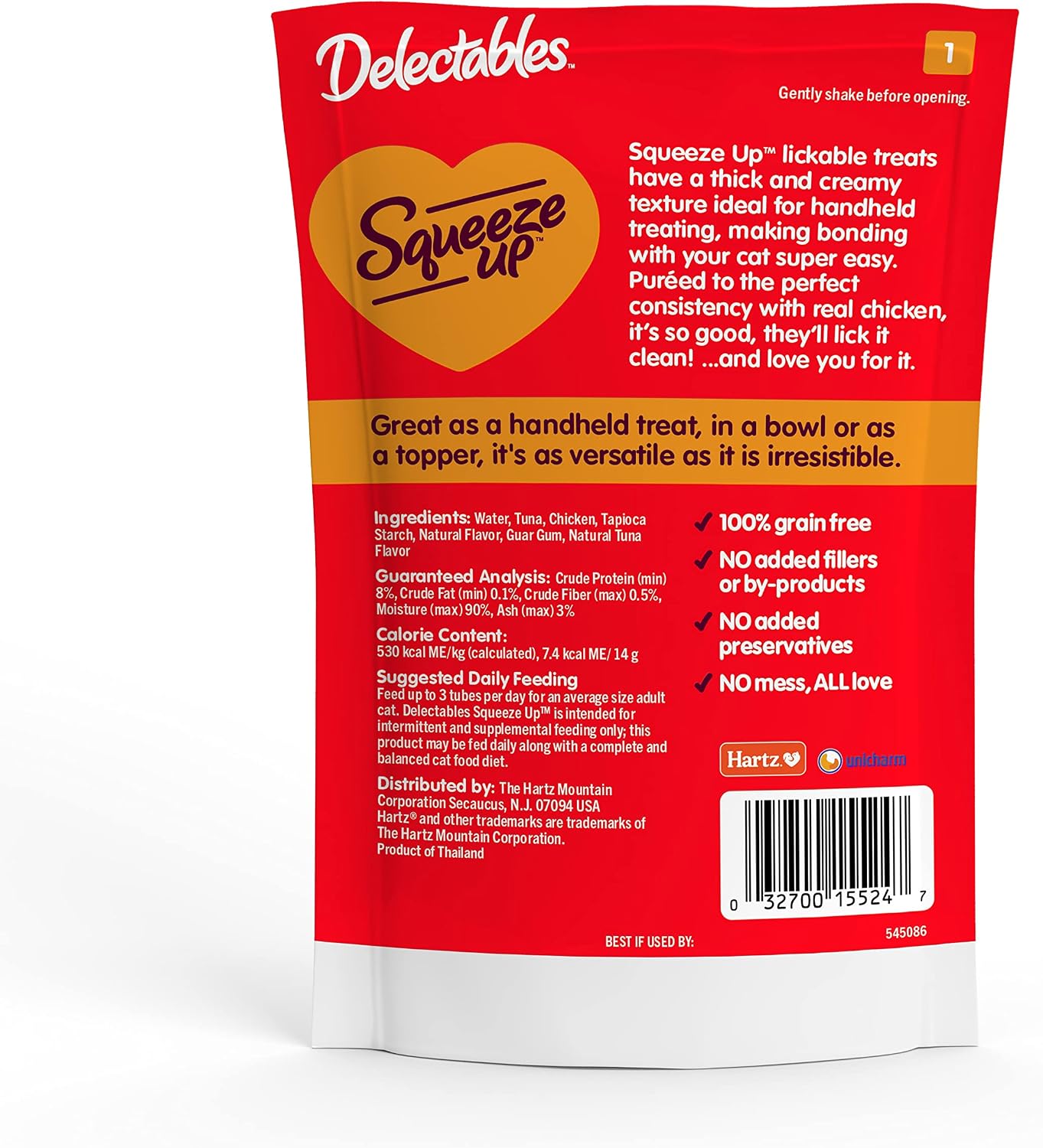 Delectables Squeeze Up Creamy Squeezable Puree, Lickable Wet Cat Treats, Grain Free, No Added Fillers, No By-Products, No Added Preservatives, 0.5 Ounces Tube Chicken Flavor, 32 Tubes Total