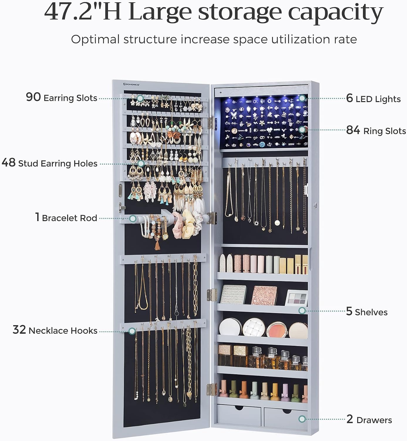 SONGMICS 6 LEDs Mirror Jewelry Cabinet, 47.2-Inch Tall Lockable Wall or Door Mounted Jewelry Armoire Organizer with Mirror, 2 Drawers, 3.9 x 14.6 x 47.2 Inches, White UJJC93W