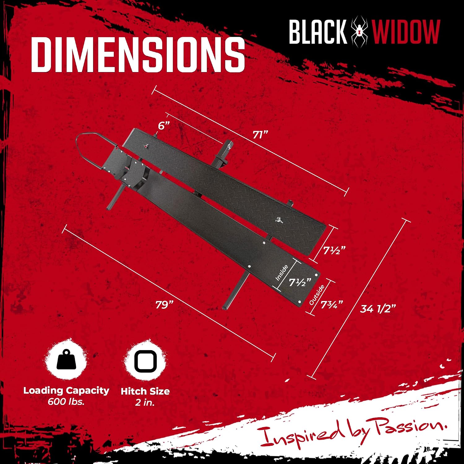 Black Widow Steel Motorcycle Carrier with Ramp for 2-Inch Receiver, 500 lb Capacity - Hitch-Mounted Dirt Bike and Scooter Hauler with Grit-Coated Track and Anti-Rattle Device for SUVs and Trucks