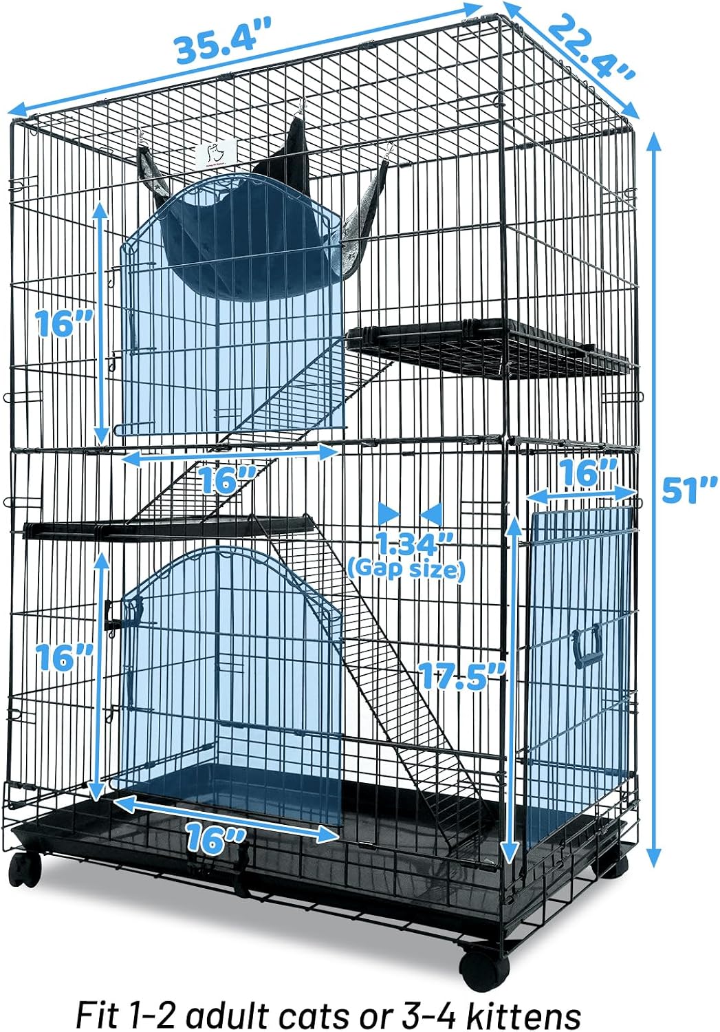 Homey Pet 51 Inch Cat Cages Indoor w/Side Door, Paw-Safe Plastic Platform