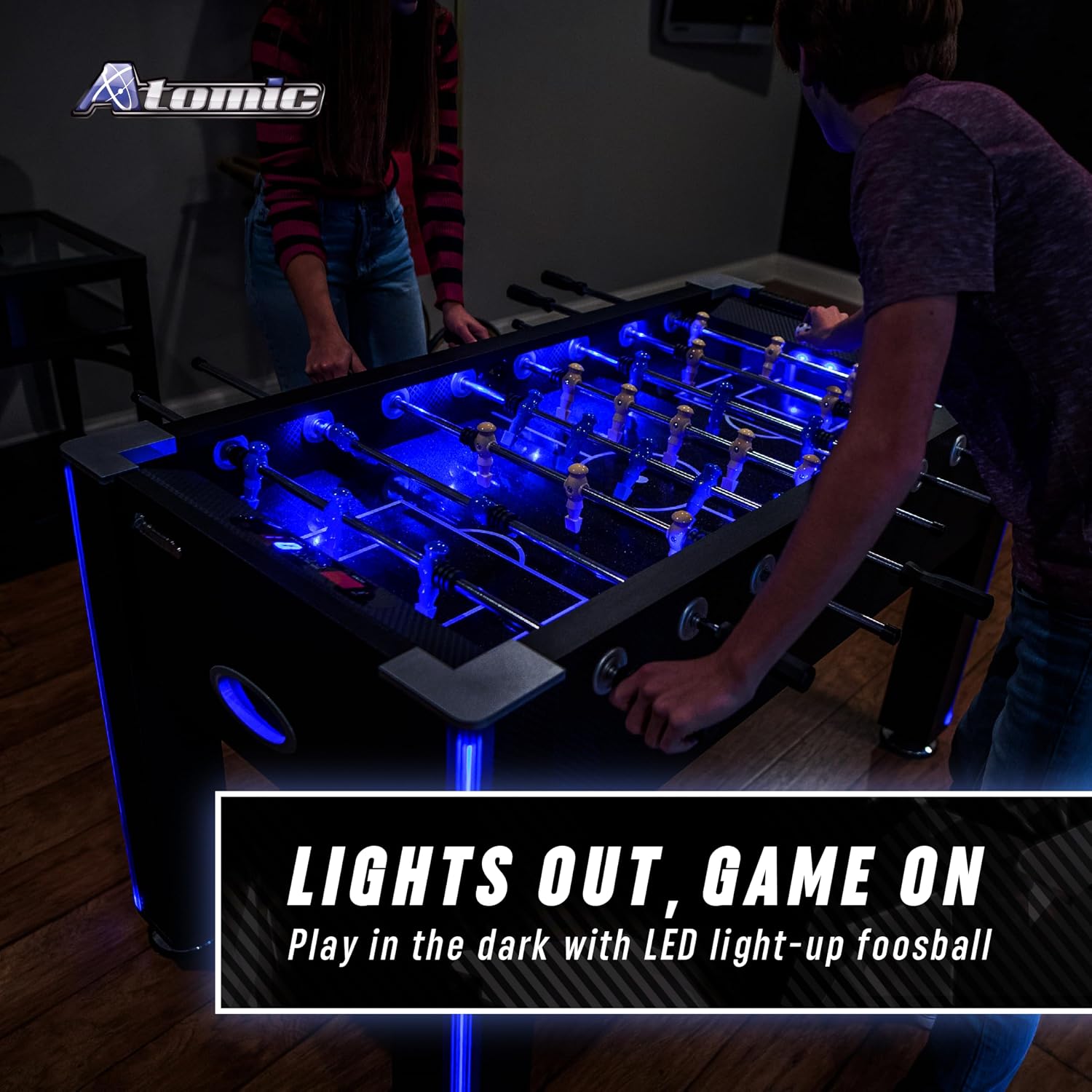 Atomic Azure LED Foosball Table – Light Up Arcade Style Table with In-Rail LED Lighting, Music, Electronic Scoring, Glow Foosball