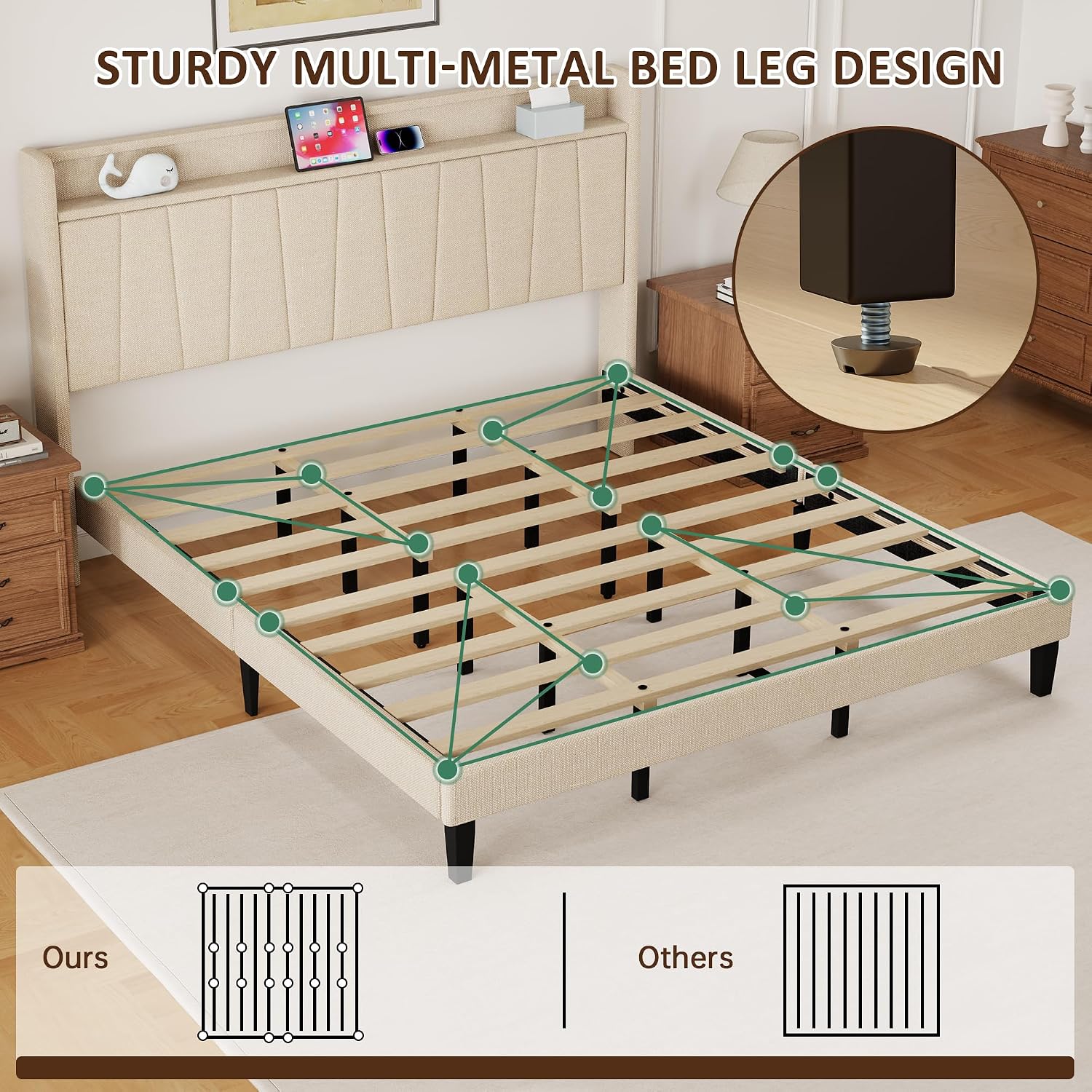 King Size Bed Frame with Headboard, Platform Bed with Upholstered Wingback Storage Headboard, Slats Support, No Box Spring Needed Beige