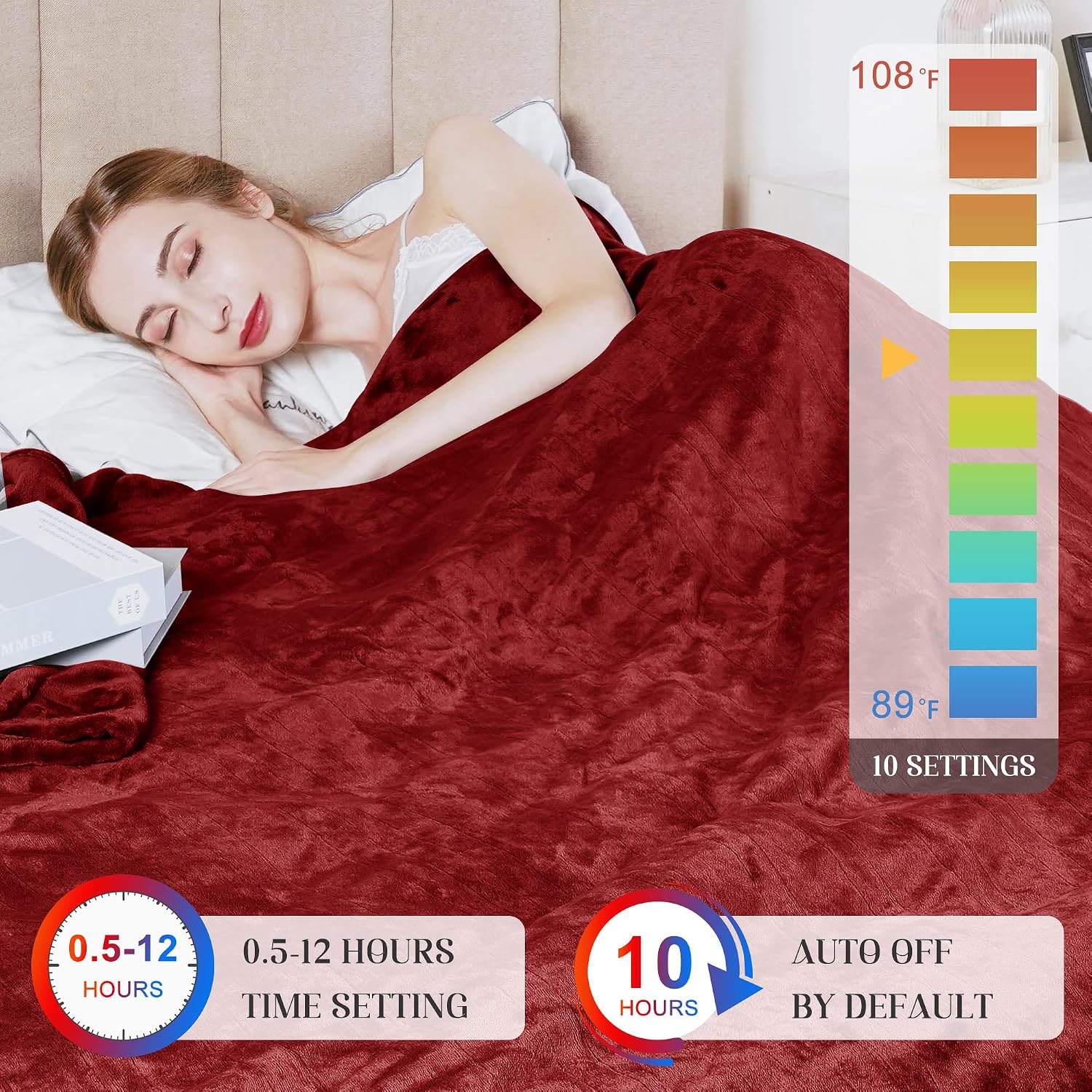 SUNVIVI Heated Blanket King Size, Heating Electric Throw Blanket Dual Control, 10 Heat Settings, 12 Hours Auto Off, Machine Washable, ETL Certified