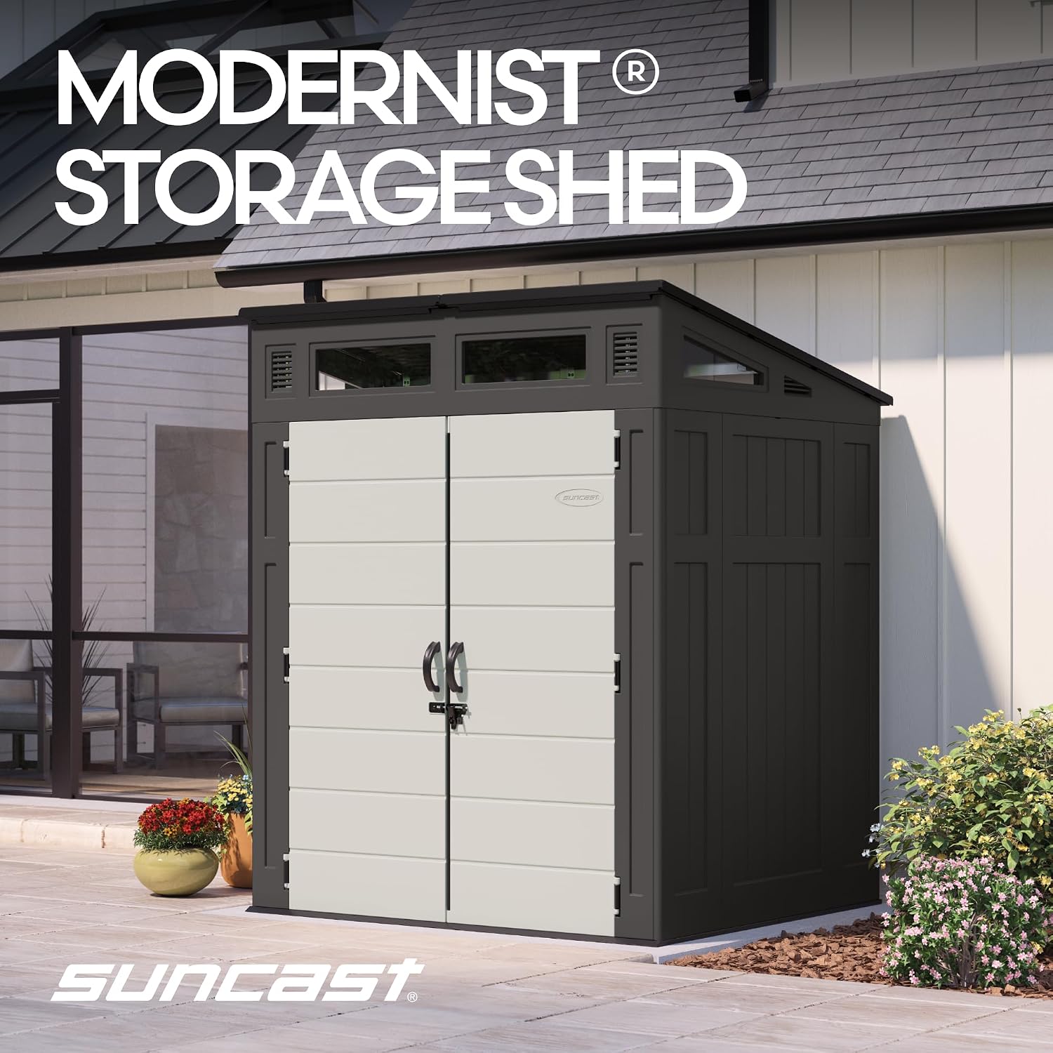 Suncast 6' x 5' Modernist Storage Shed, 200 Cu Ft, Lockable, Peppercorn
