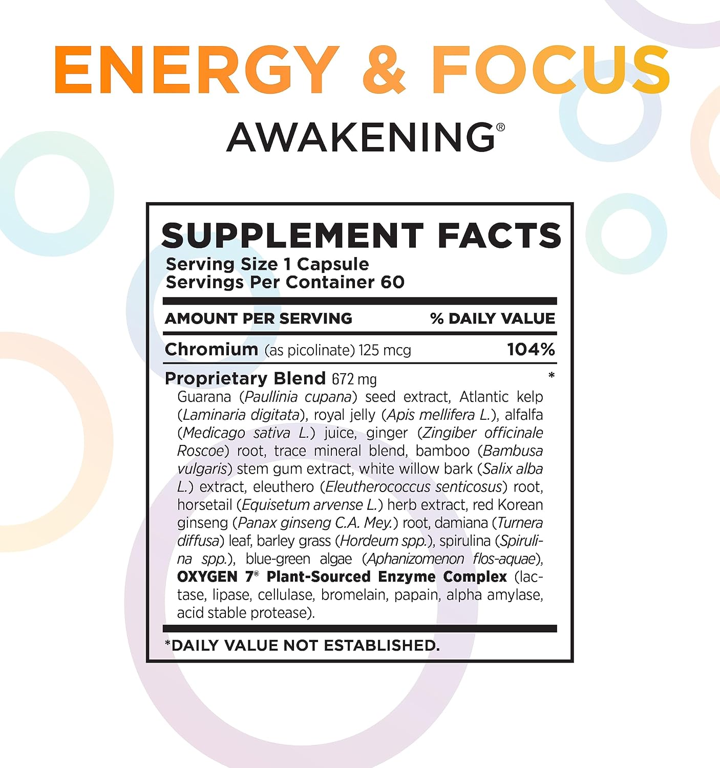 Awakening Natural Energy & Focus Supplement with Panax Ginseng, Guarana Extract & Chromium Picolinate | Brain Supplement for Focus, Energy
